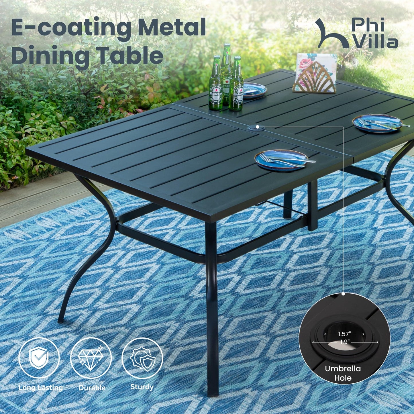 PHI VILLA 7 Piece Patio Dining Set for 6, 1 Large Metal Table and 6 Outdoor Dining Chairs with High Back and Padded Textilene, Outdoor Furniture Set for Garden, Yard