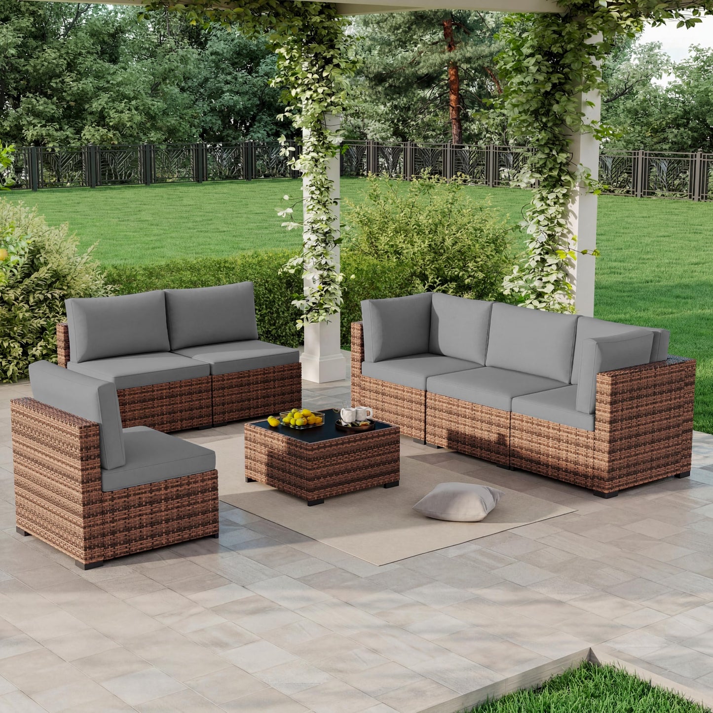 LHBcraft 7 Pieces Outdoor Wicker Rattan Patio Furniture with Rain Cover, Wicker Rattan Outdoor Sectional Sofa Set with Coffee Table & Gery Cushions for Garden, Poolside