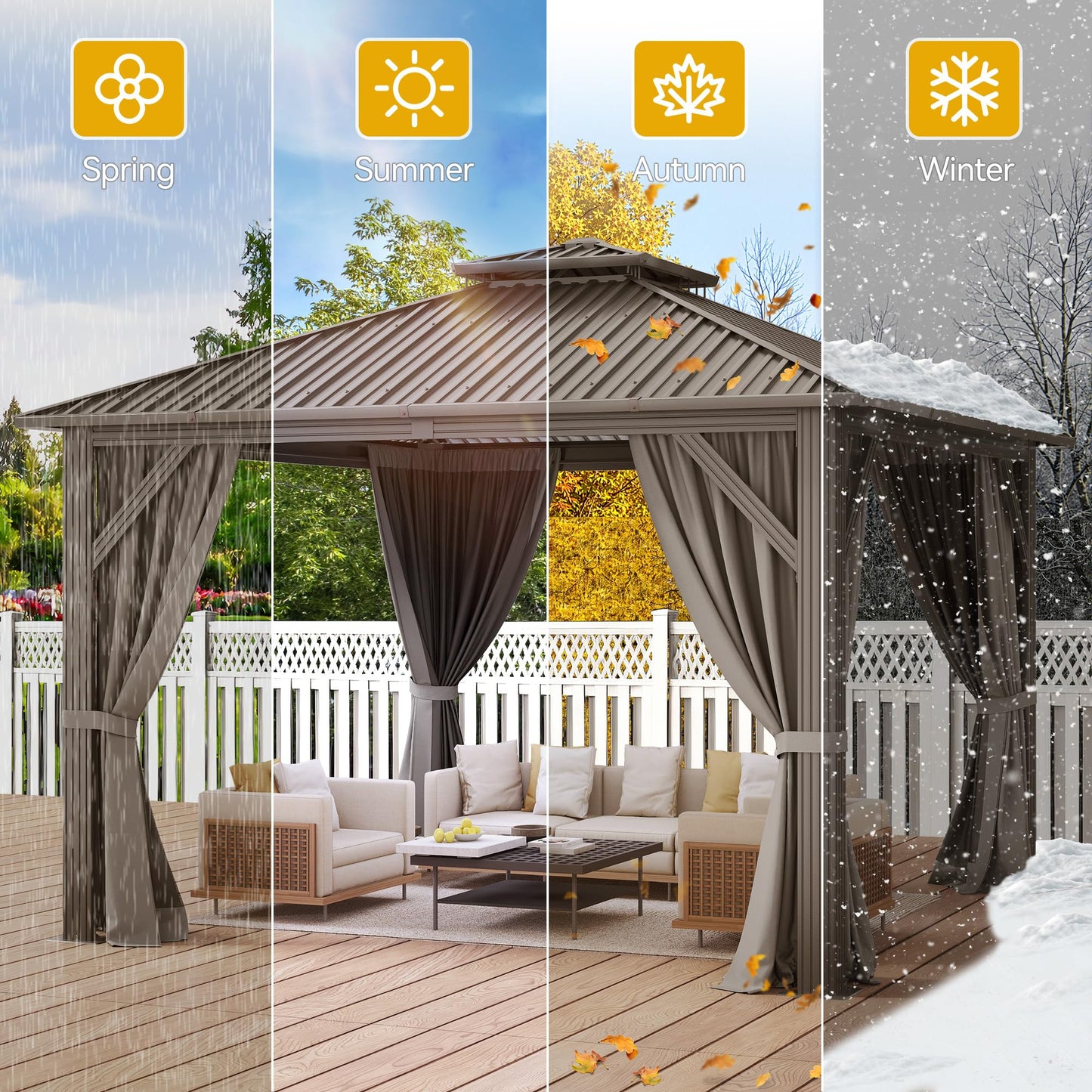 DWVO 12x12ft Metal Gazebo Hardtop Double Roof Canopy Outdoor Gazebo Galvanized Roof with Netting and Curtain Garden Tent for Patio, Backyard and Deck