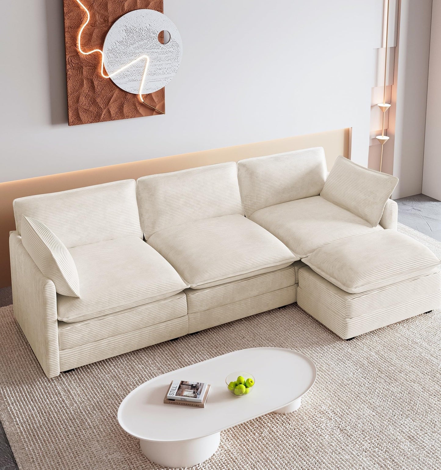 ROWHY 112'' Oversized Modular Sectional Cloud Couch with Movable Ottoman, 4 Seat Modern Corduroy Sofa, Deep Seat L Shaped Couch for Living Room Bedroom Apartment, Cream