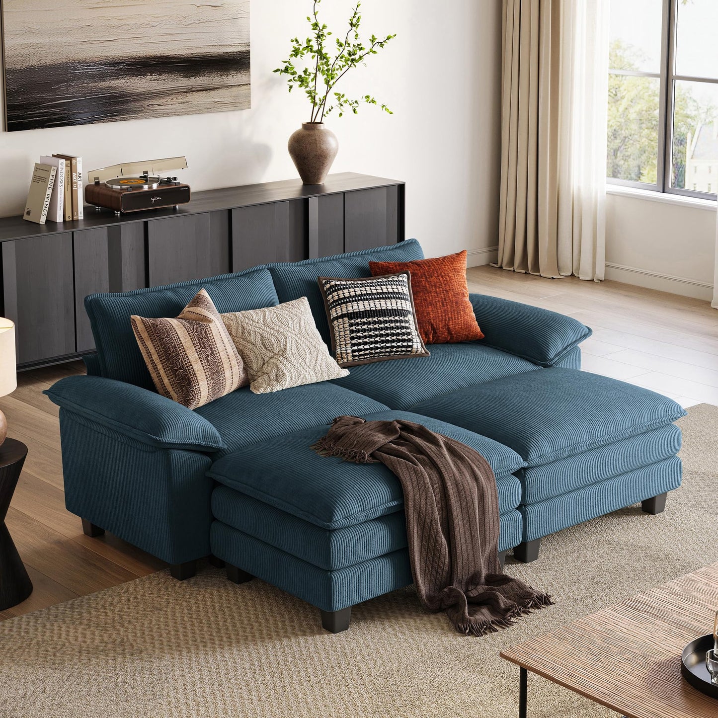 LINSY HOME Modular Sectional Sofa - Oversized Corduroy Cloud Couch with Movable Ottoman Soft Modern Comfy Sofa Set for Living Room Apartment Office, Blue