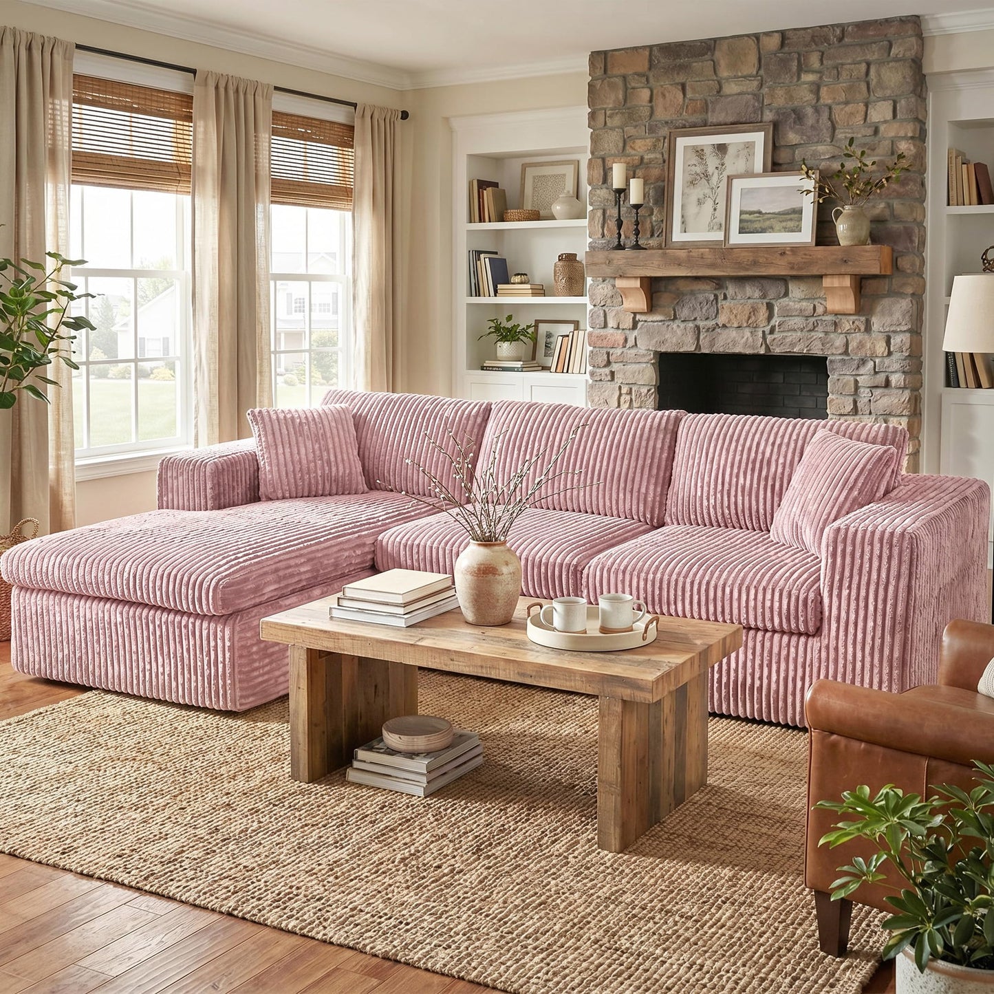 Shintenchi Boneless Couches for Living Room,Modular Sectional Sofa with Deep Seat,Memory Foam Cloud Couch with L Shaped Oversized Chaise,No Assembly Needed Plush Corduroy Sofa,Pink