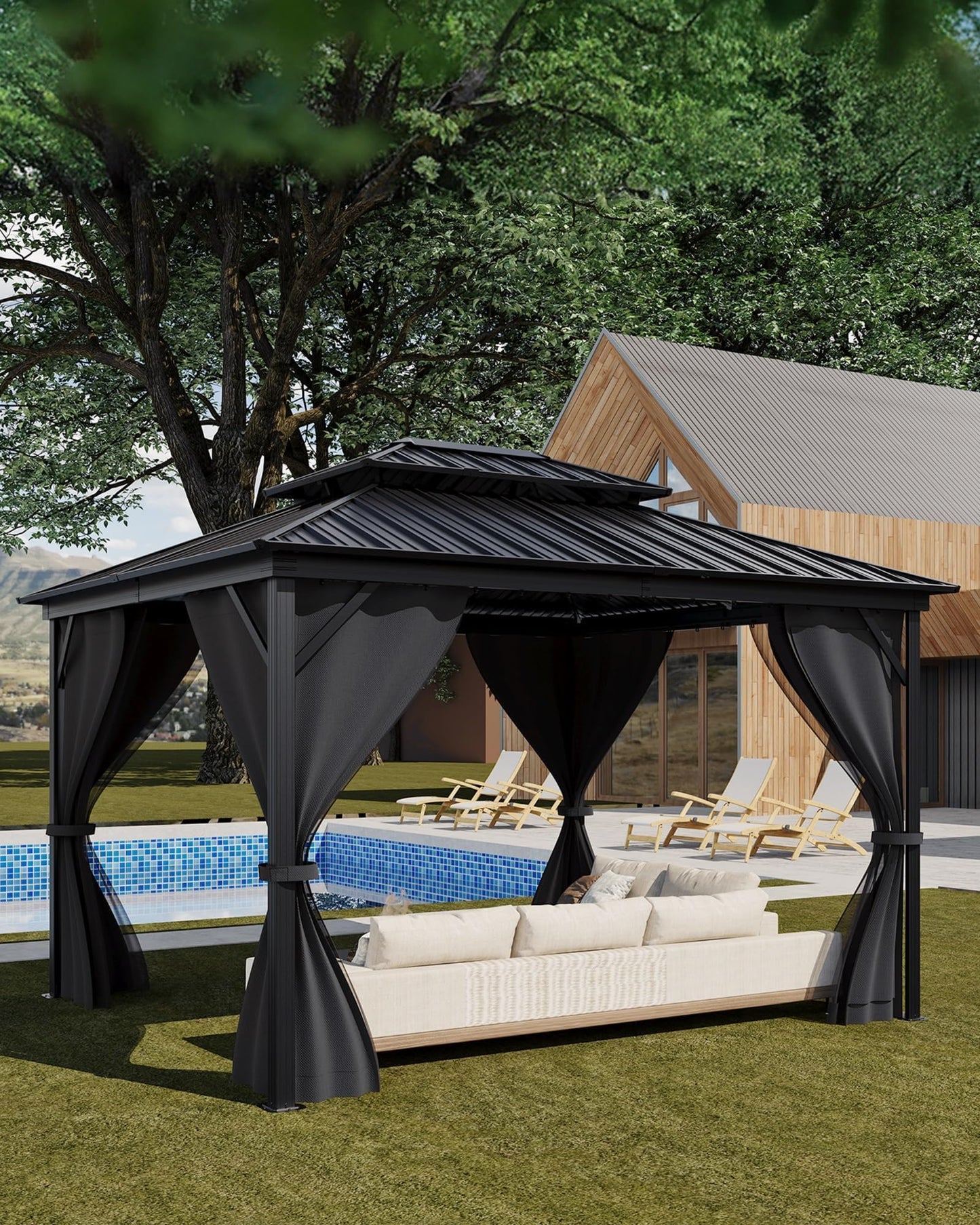 Hardtop Gazebo 12'x14' for All Weather, with Double Metal Roof, Aluminum Alloy Frame, Net, and Curtain, Permanent Building for Patio, Deck, Backyard, Lawn, and Garden, Gray