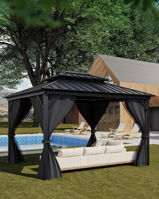 Hardtop Gazebo 12'x14' for All Weather, with Double Metal Roof, Aluminum Alloy Frame, Net, and Curtain, Permanent Building for Patio, Deck, Backyard, Lawn, and Garden, Gray