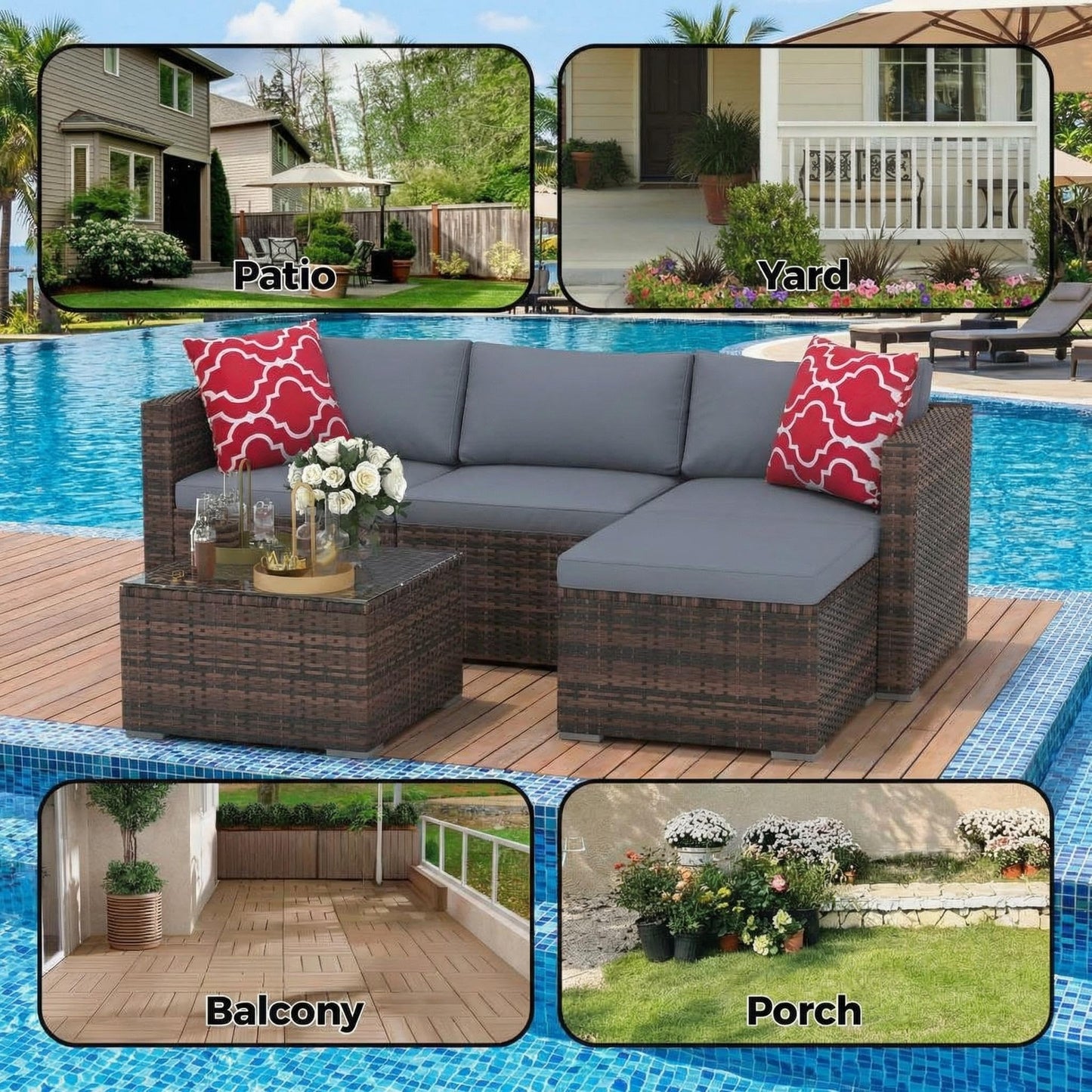 5-Piece Patio Sectional Sofa Set, All-Weather Brown PE Rattan Outdoor Conversation Furniture with Neutral-Tone Cushions, Glass Coffee Table & Footstool, Modular Design for Garden, Porch, Balcony, Pool