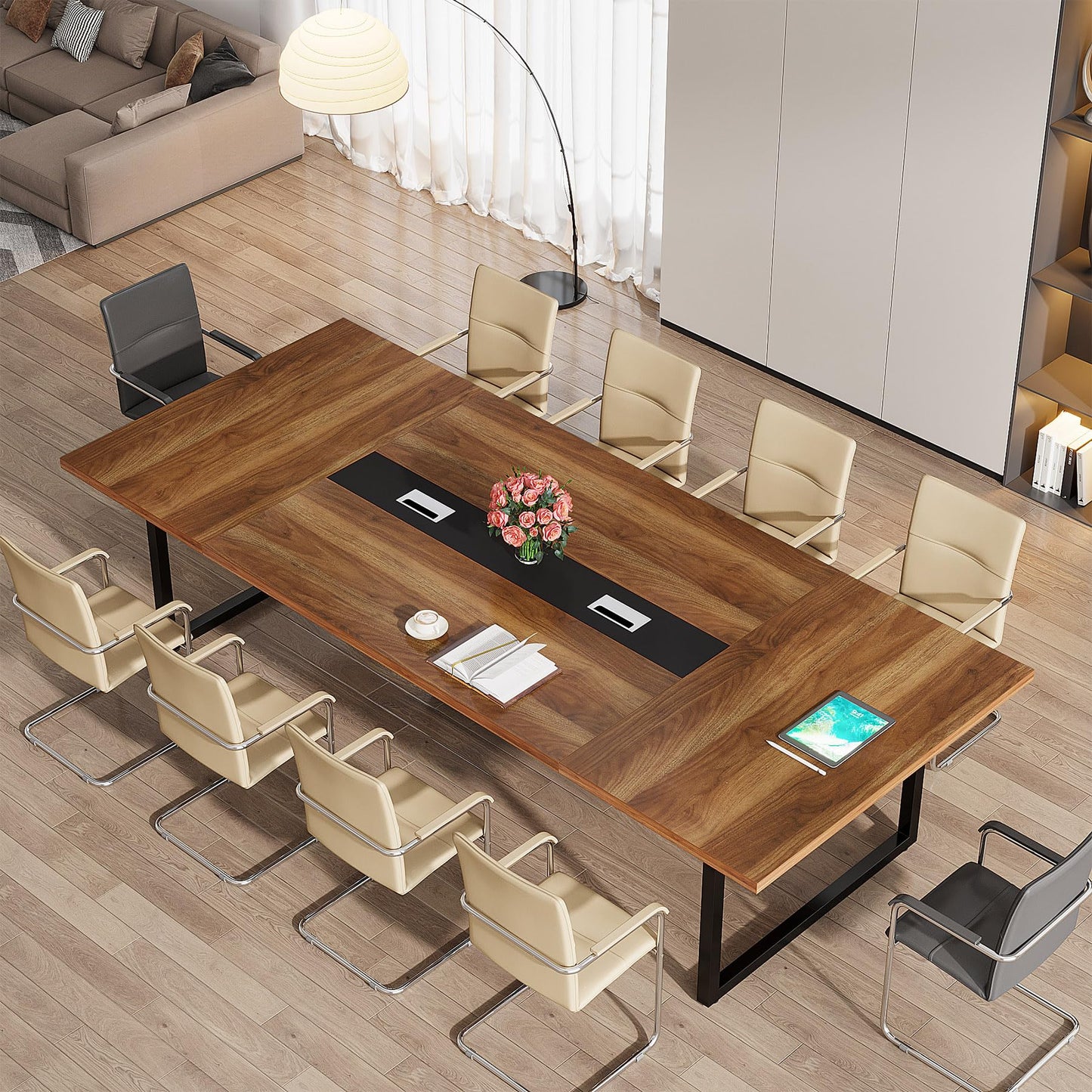 Tribesigns 8FT Conference Table, 94.49 L x 47.24 W x 29.53 H Inches Large Meeting Podcast Table for 10 People, Business Style Wooden Training Table with Strong Metal Frame for Office Conference