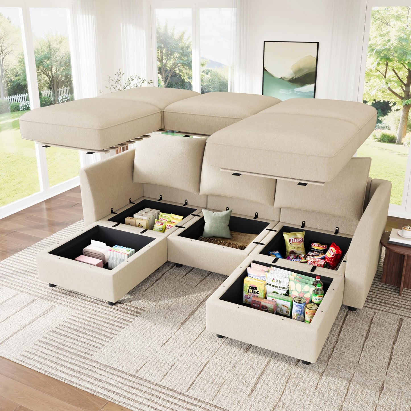 HONBAY Modular Sectional Sofa with Storage U Shaped Sectional Sofa, Convertible Couches for Living Room - Beige