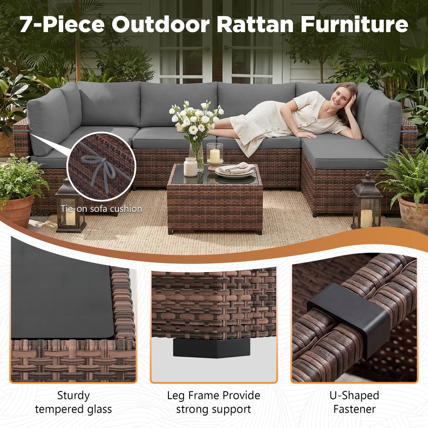LHBcraft 7 Pieces Outdoor Wicker Rattan Patio Furniture with Rain Cover, Wicker Rattan Outdoor Sectional Sofa Set with Coffee Table & Gery Cushions for Garden, Poolside