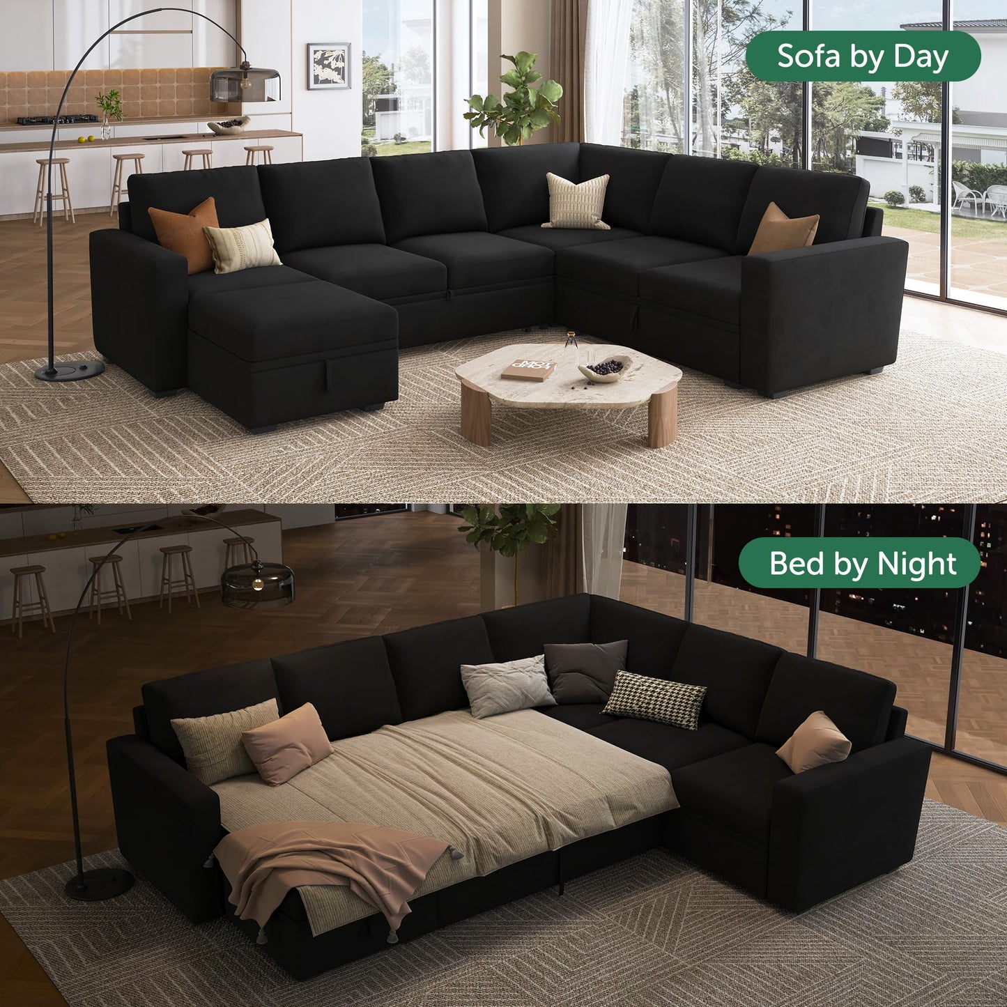 HONBAY Sectional Sleeper Couch with Pull Out Bed, U Shaped Sectional Sofa with Storage, Modular Velvet Sectional Couches for Living Room, Black