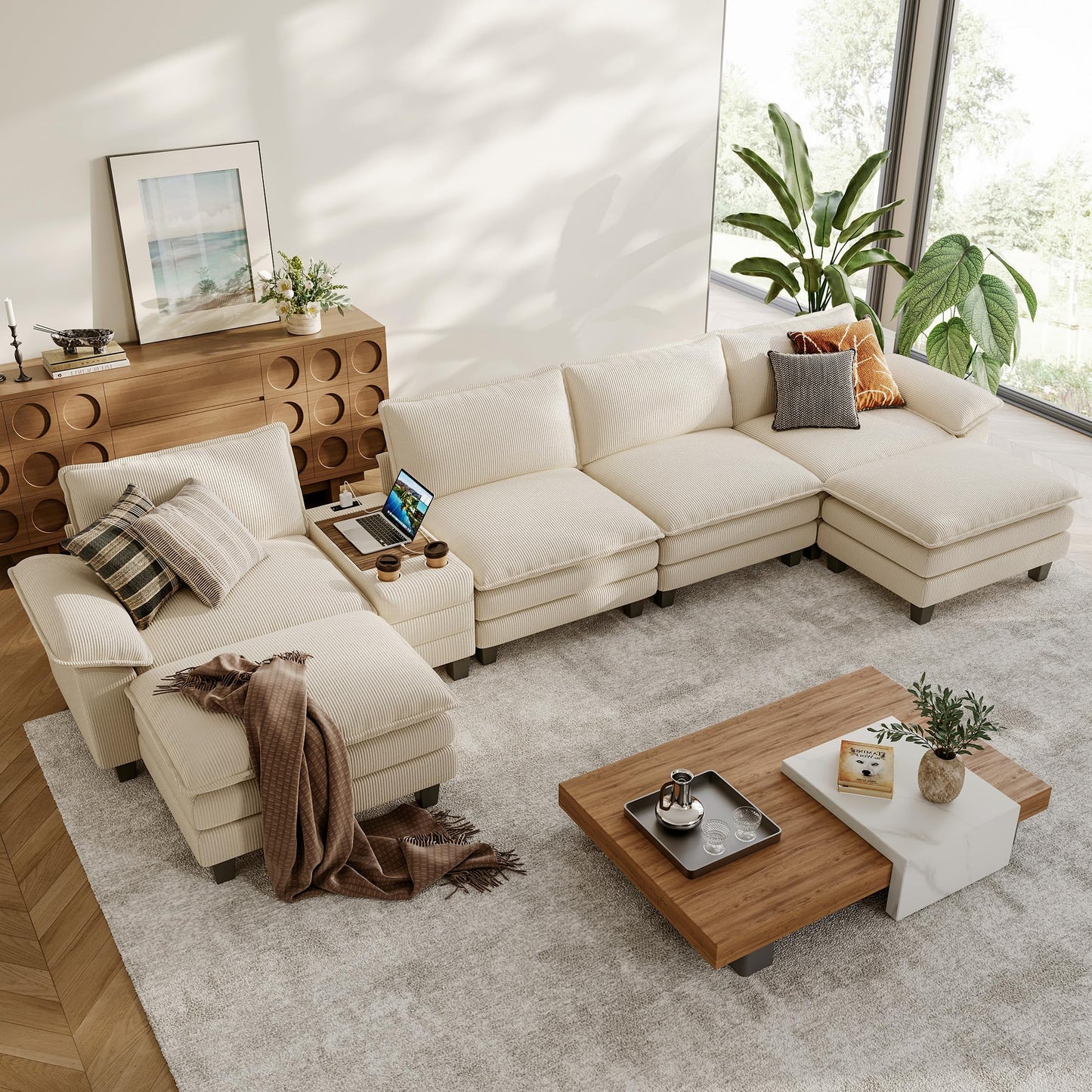 LINSY HOME Modular Sectional Sofa for Living Room, Corduroy Cloud Couch with Storage Console, USB Charging, Cup Holders, Comfy Modern Modular Cloud Couches with Movable Ottoman (Beige)