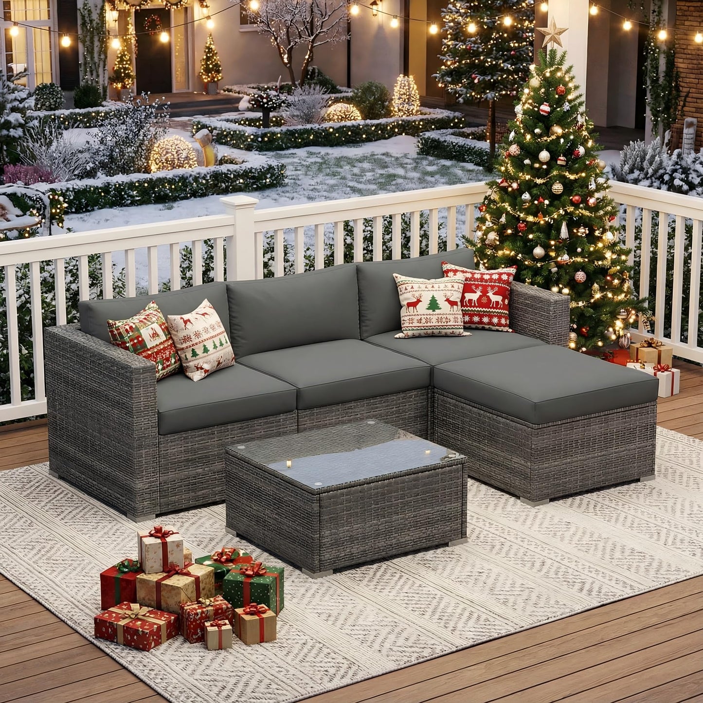 Wisteria Lane Outdoor Patio Furniture Set, All Weather Wicker Rattan Sectional Sofa, Patio Conversation Set with Cushions & Glass Coffee Table for Backyard Porch Garden Balcony, Grey