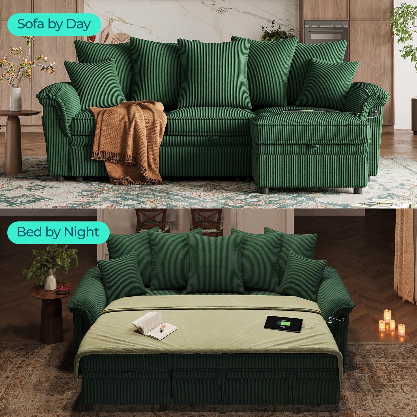 LINSY HOME 90.5'' Sectional Sleeper Sofa with Pull Out Couch Bed Modular (Green, 90.5'')