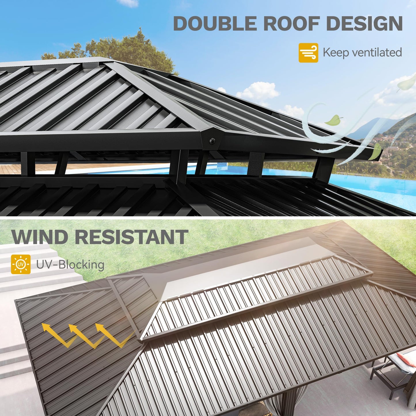 DWVO 12x20ft Hardtop Gazebo Double Roof with Nettings and Curtains, Heavy Duty Galvanized Steel Outdoor Vertical Stripes Roof for Patio, Backyard, Deck, Lawns, Gray