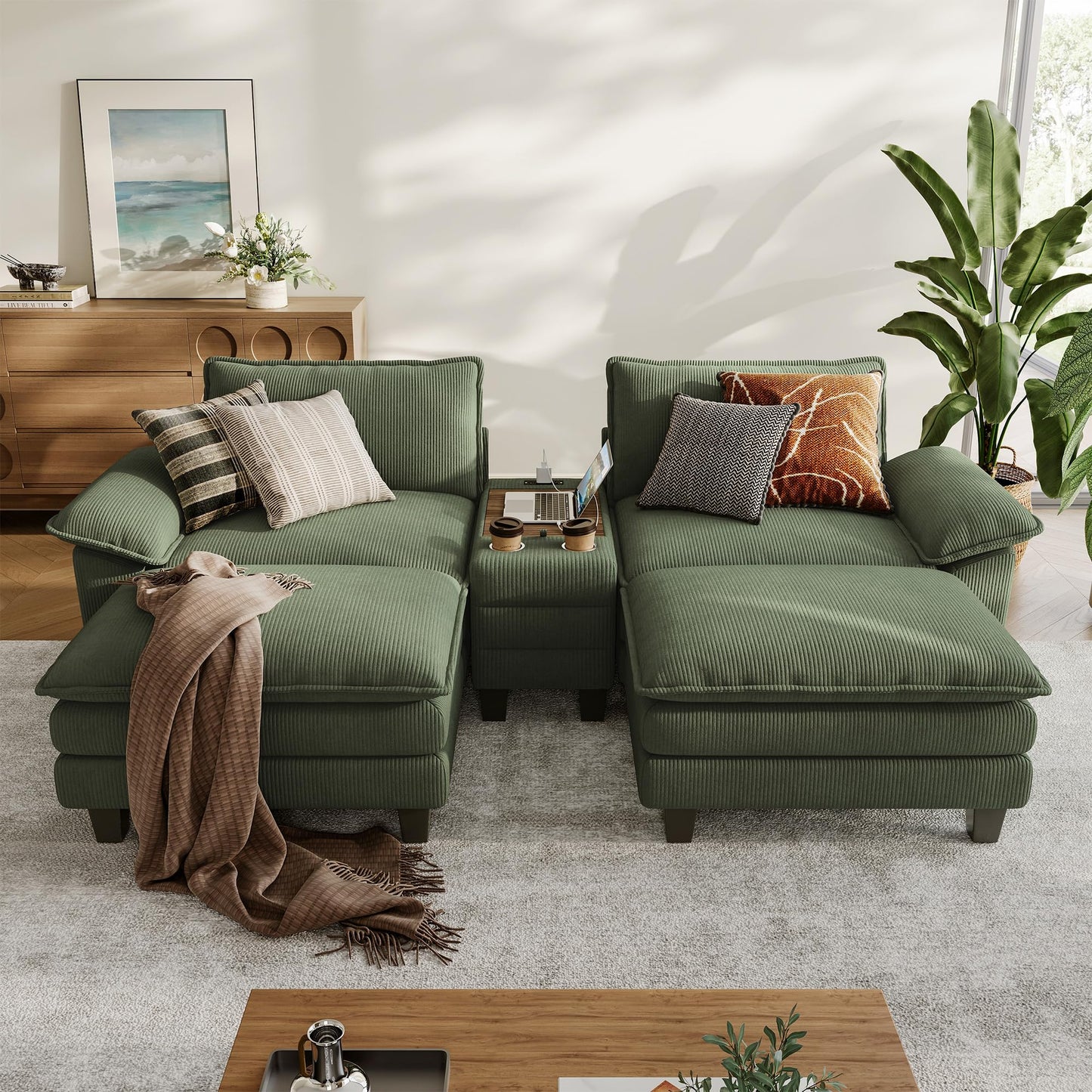 LINSY HOME Modular Sectional Sofa for Living Room, Corduroy Cloud Couch with Storage Console, USB Charging, Cup Holders, Comfy Modern Modular Cloud Couches with Movable Ottoman (Green)