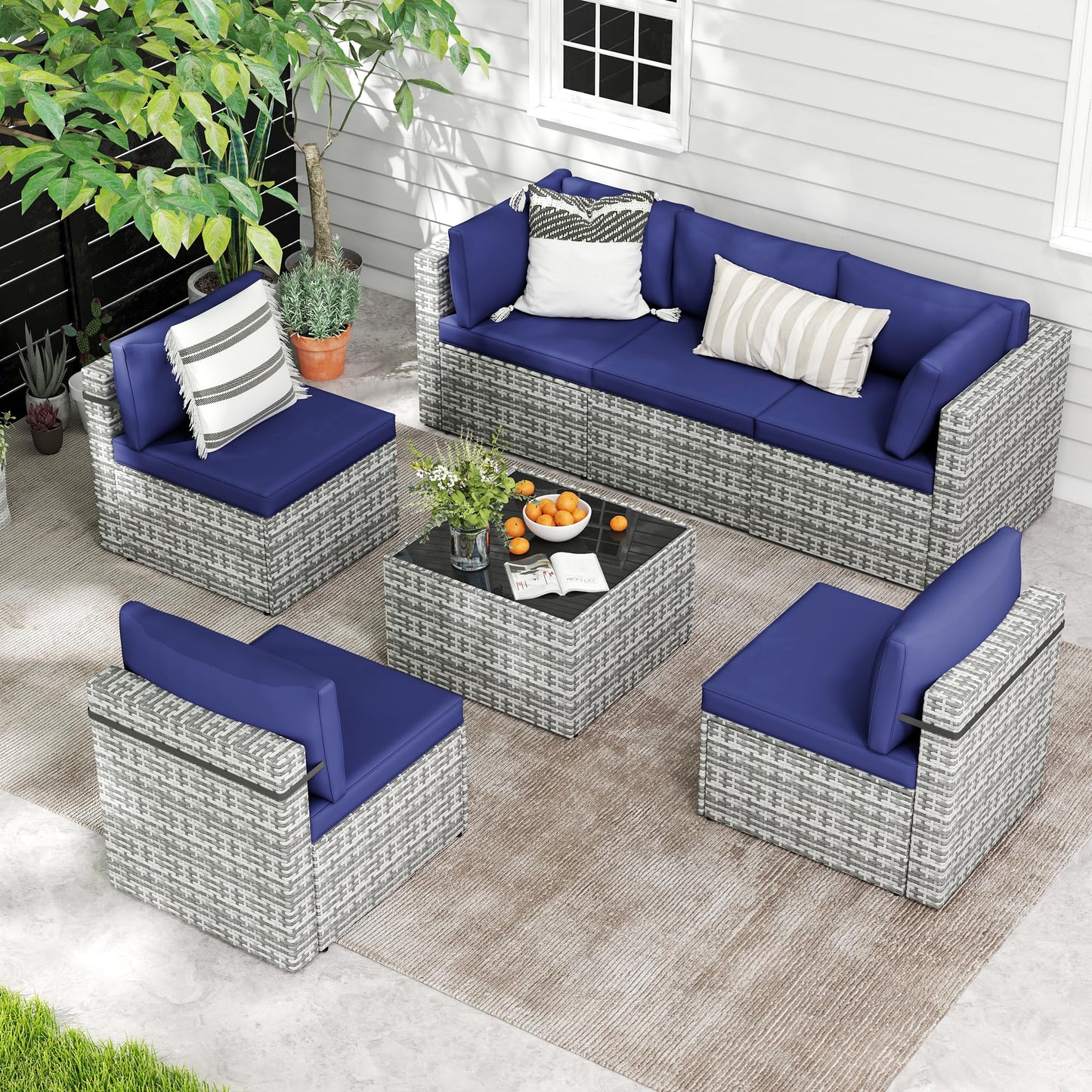 PATIOPIA 7-Piece Outdoor Sectional Sofa Set, Weather-Resistant Patio Furniture Set with Washable Cushions and Coffee Table, Grey Rattan Patio Conversation Set for Poolside, Backyard, Deck (Navy Blue)