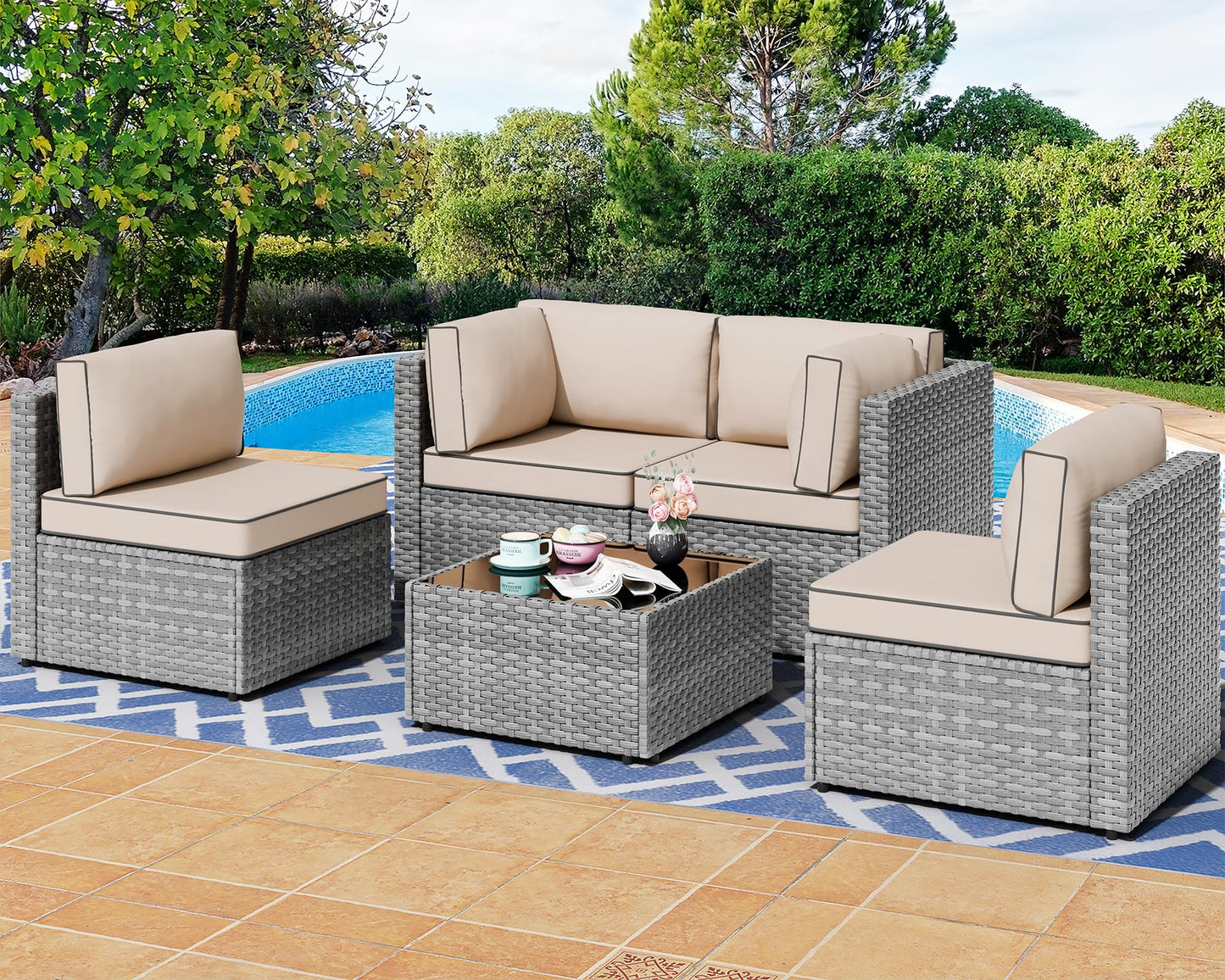 Shintenchi 5 Pieces Outdoor Patio Furniture Sets, Patio Sectional Sofa Couch, Gray PE Wicker Furniture Modular Patio Conversation Sets Patio Sofa with Washable Cushions & Table（Khaki）