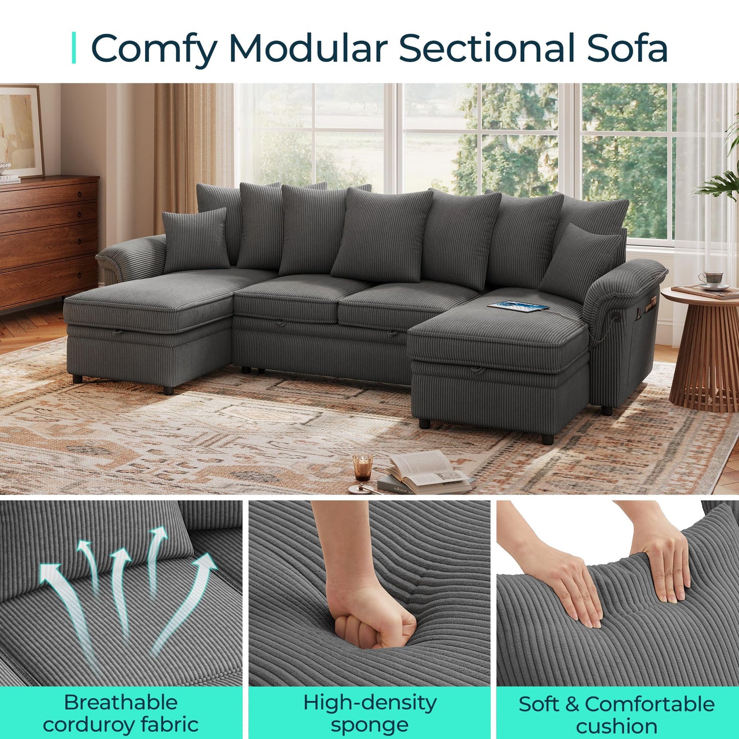 LINSY HOME Oversized Sectional Sleeper Sofa with Pull Out Couch Bed (Gray, 118.5'')