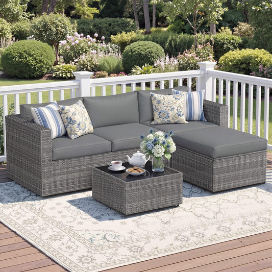 Wisteria Lane 5-Pieces Outdoor Patio Furniture Set, All Weather Wicker Rattan Sectional Sofa, Patio Conversation Set with Cushions & Glass Coffee Table for Backyard Porch Garden Balcony, Grey