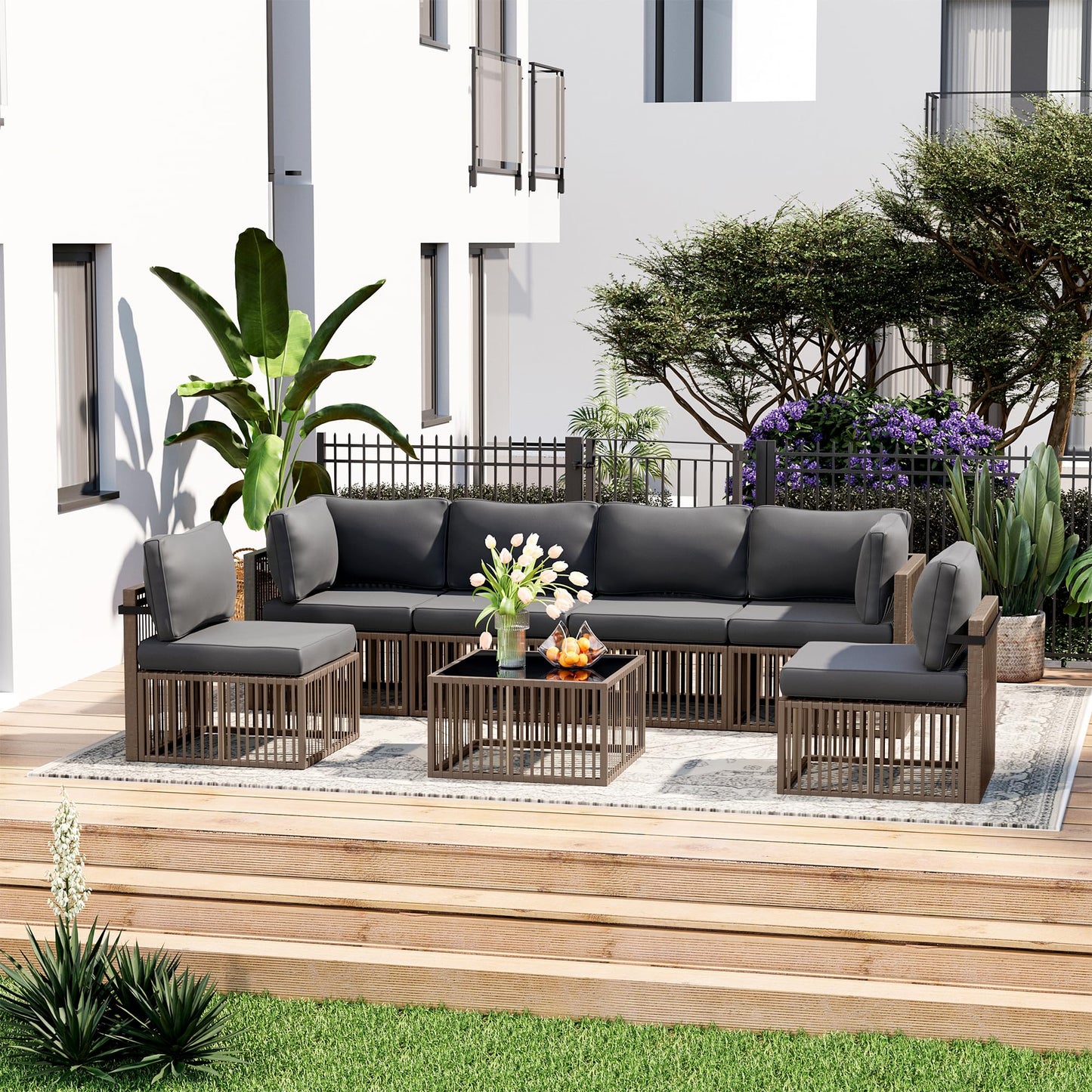 Pamapic 7 Piece Outdoor Sectional Sofa Set, All-Weather Patio Furniture with Washable Cushions, Waterproof Brown Rattan Wicker Conversation Set for Backyard, Poolside, Gray Cushion
