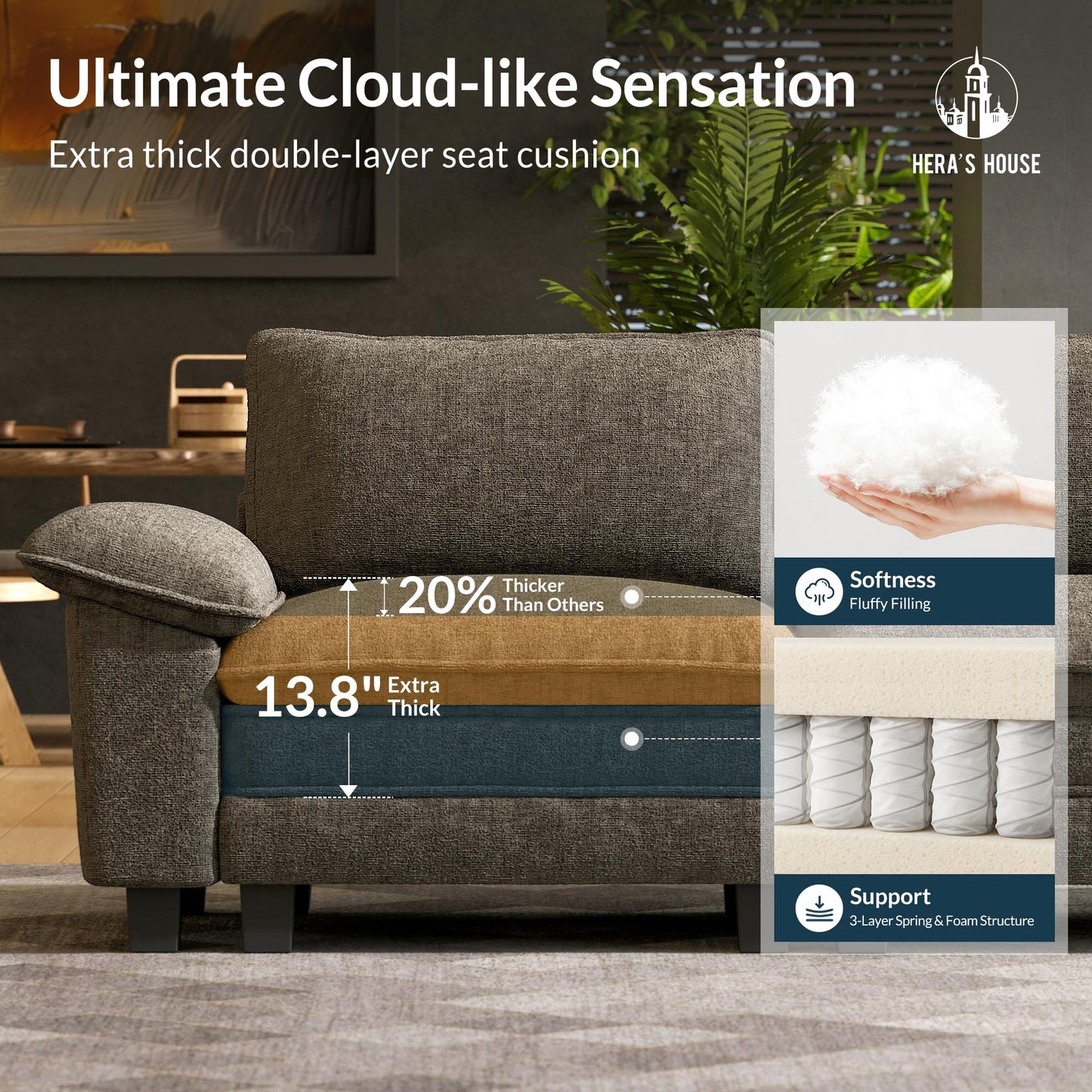 HERA'S HOUSE 158" Modular Sectional Sofa, Oversized U Shaped Couches for Living Room, Comfy Cloud Couch with Ottoman, 6-Seater Deep Seat Sofa with Throw Pillow, Chenille Ash