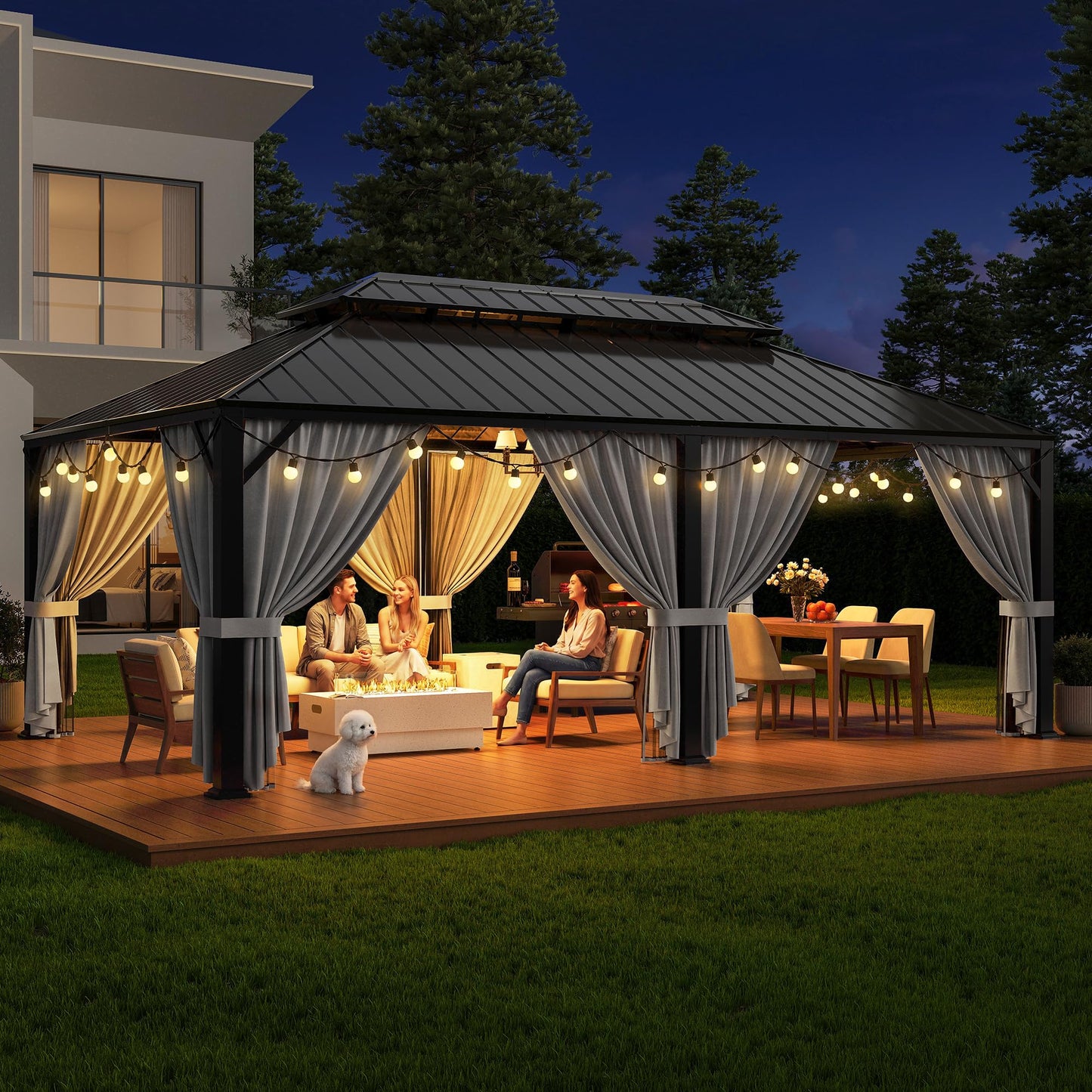 IRONCK 20'x12' Hardtop Gazebo, Update Aluminum Frame Gazebo with Galvanized Steel Double Roof, Outdoor Pergola with Curtain and Net, Backyard Canopy for Garden, Deck, Gray and Black