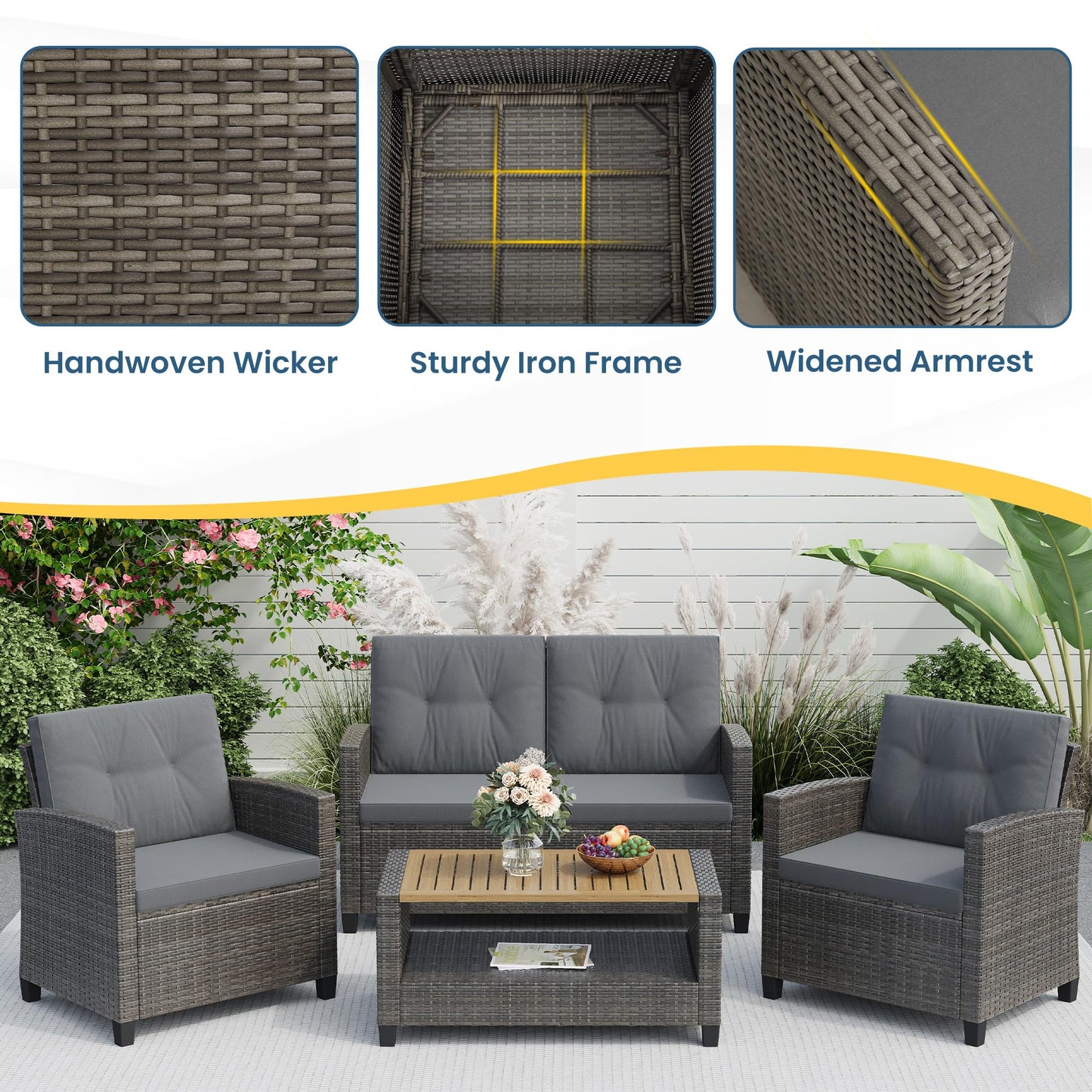 Wisteria Lane 4 Piece Patio Furniture Set, Wicker Outdoor Patio Conversation Furniture Set, All Weather Outdoor Patio Sofa with Cushion and Wood Table, Grey Wood