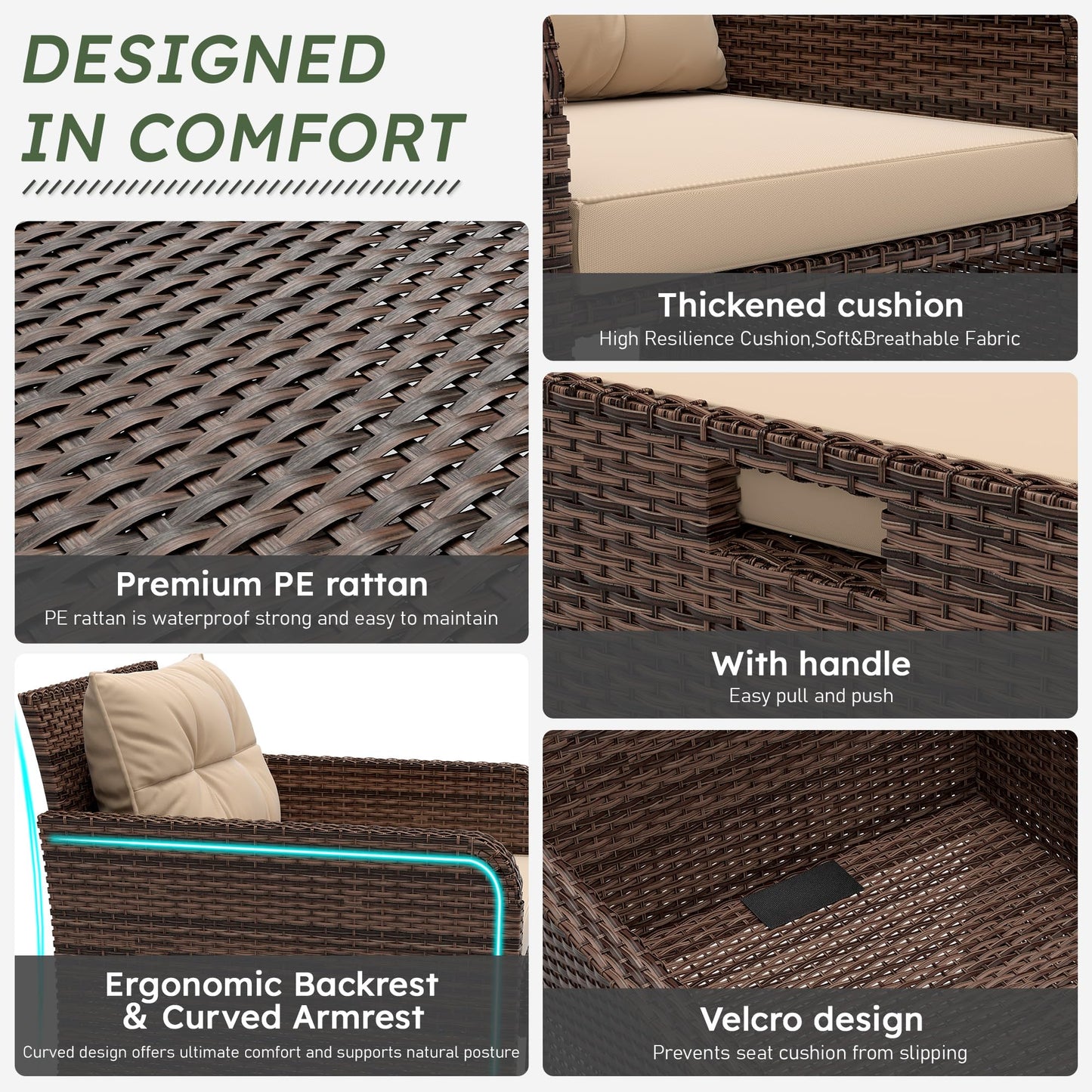 LHBcraft Balcony Furniture 5 Piece Patio Furniture Set, PE Rattan Patio Chairs Conversation Set with Soft Cushions 2 Ottoman & Table for Porch, Lawn, Garden, Beige