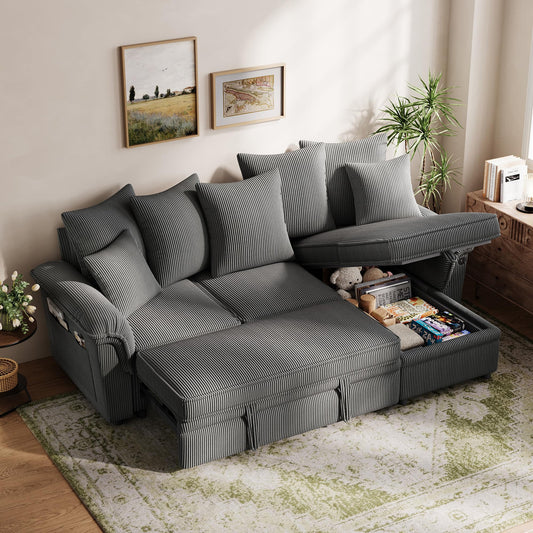 LINSY HOME 90.5'' Sectional Sleeper Sofa with Pull Out Couch Bed Modular (Gray, 90.5'')