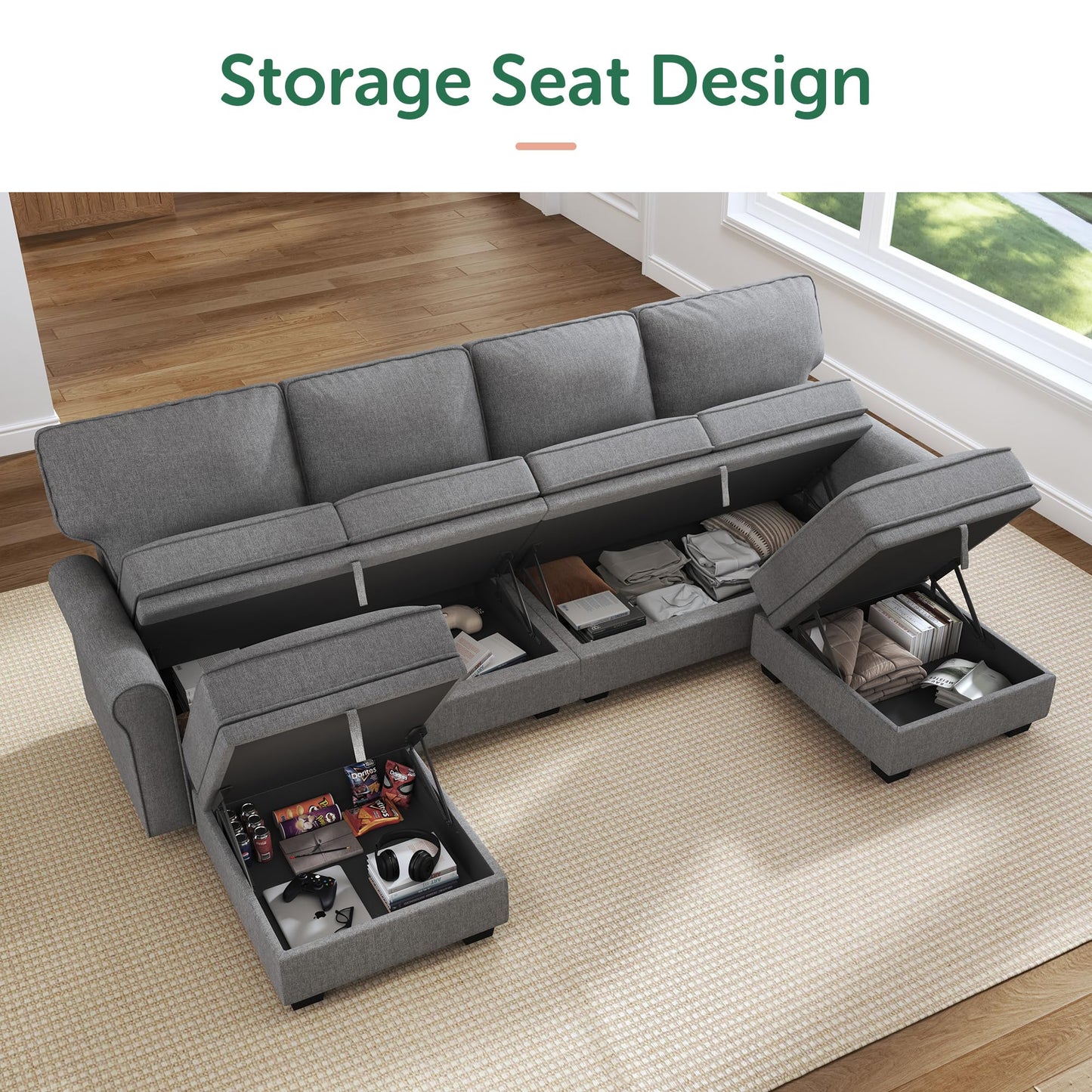 HONBAY Convertible Sectional Sofa with Storage U Shaped Sectional Couch with Reversible Chaise Small Sectional Couches for Living Room,Grey