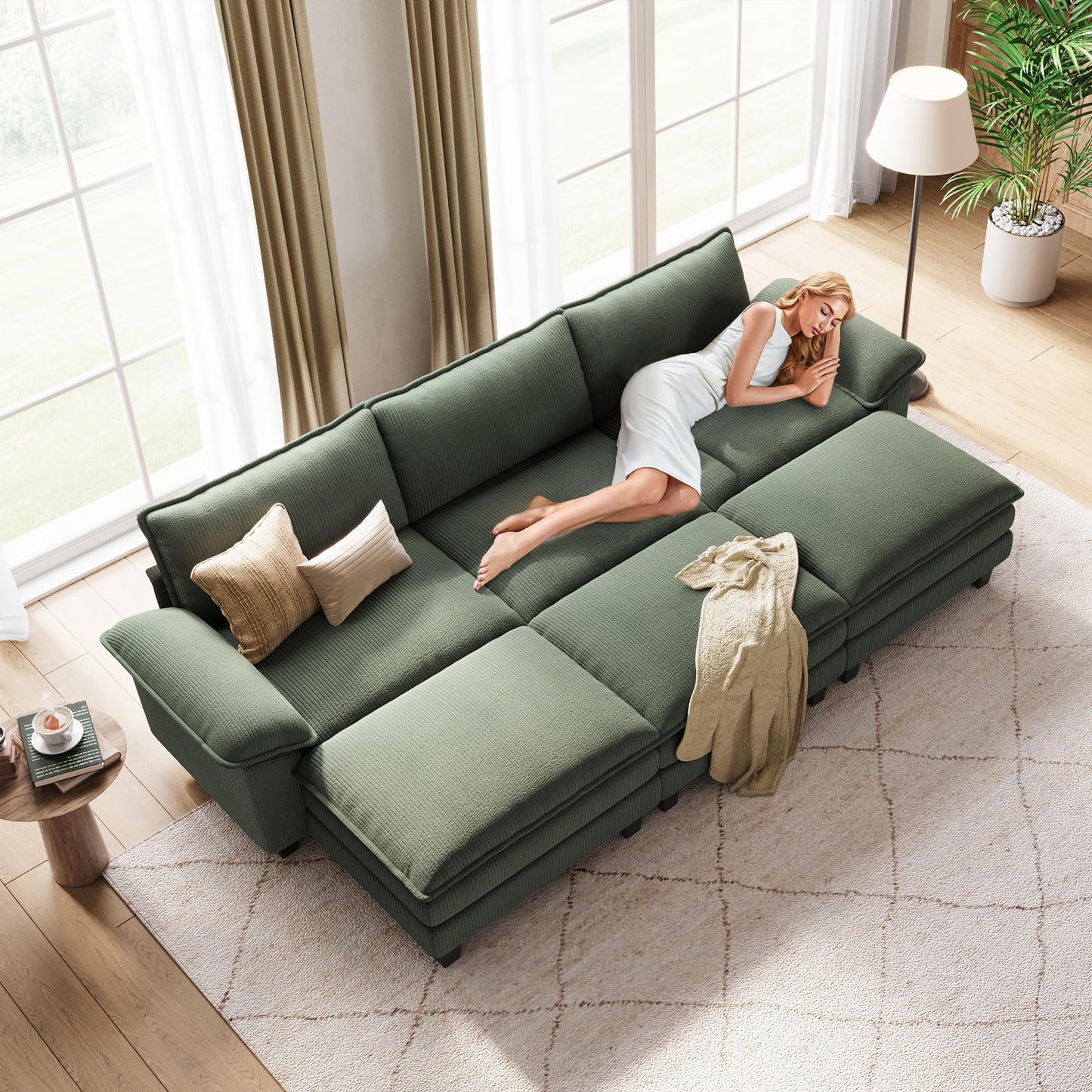 LINSY HOME Modular Sectional Sofa - 123 Inch Oversized Corduroy Cloud Couch with Movable Ottoman Soft Modern Comfy Sofa Set for Living Room Apartment Office, Green