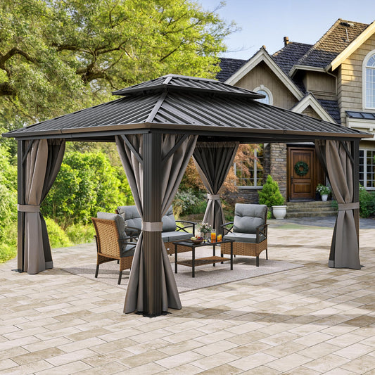 YITAHOME 10X12FT Gazebo Hard Top Patios Aluminum Frame Double Roof Canopy Garden Metal Gazebo Tent Curtains Netting for Patios Backyards Decks Lawns, Gray