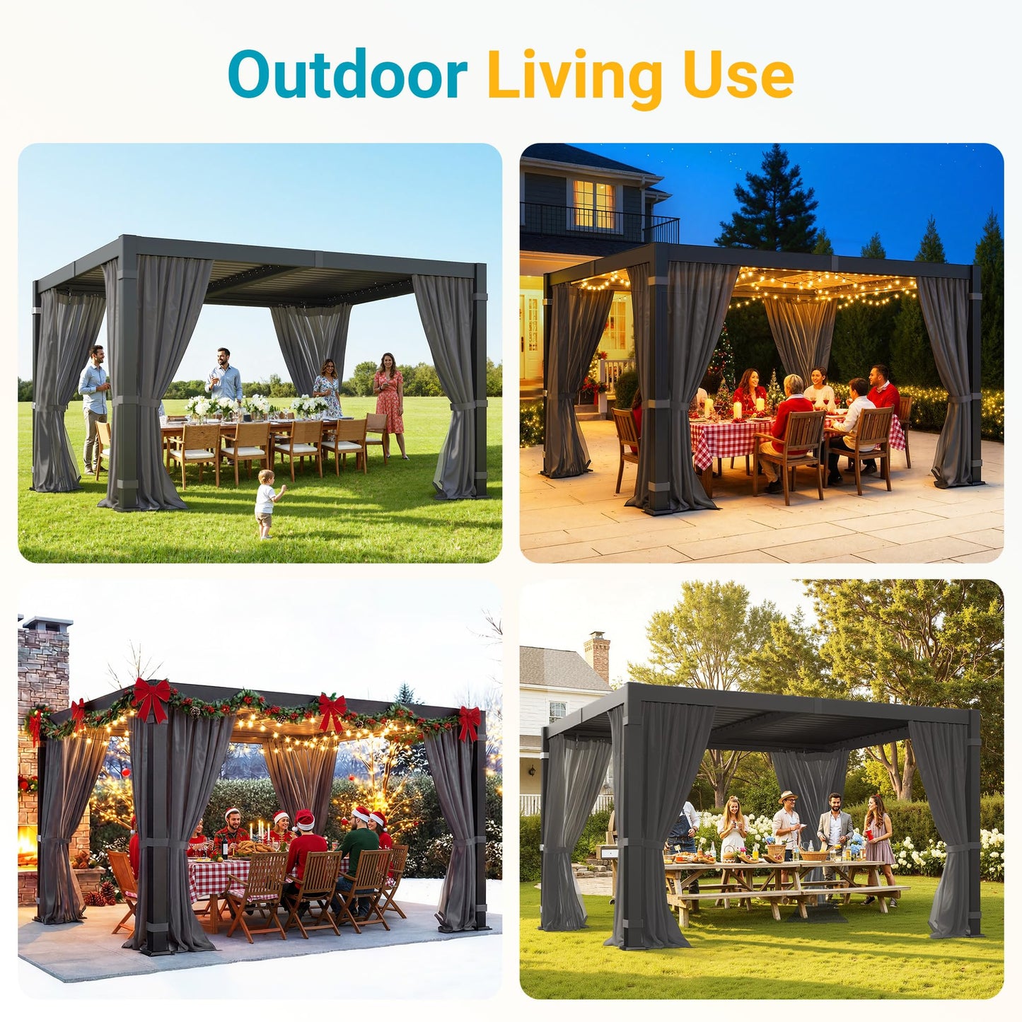 10' x 12' Louvered Pergola, Outdoor Pergola with Curtains & Netting, Metal Patio Pergola with Adjustable Louvers Roof and Gutter System, Metal Hardtop Gazebo for Patio, Deck, Garden, Yard, Dark Gray