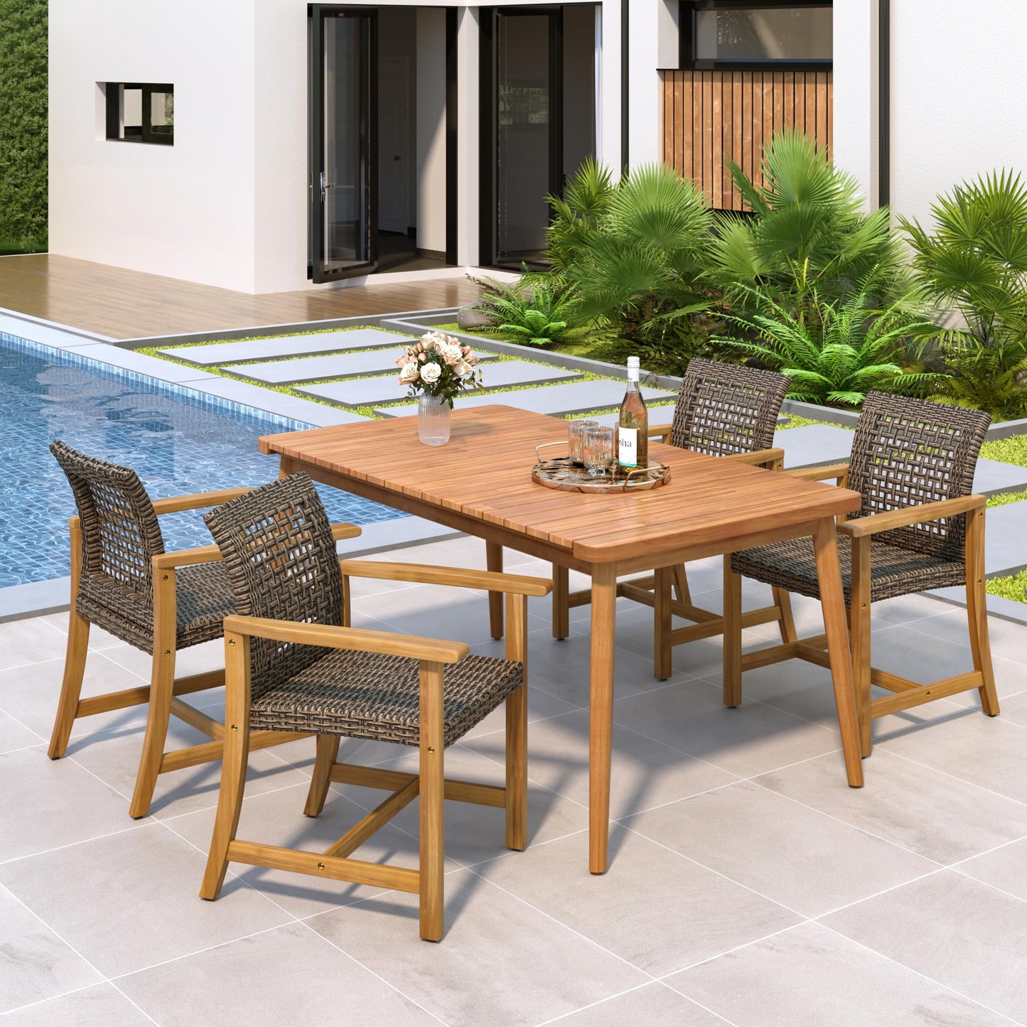 Merax 5 Piece Patio Dining Set, Outdoor Acacia Wood 63" Slatted Dinning Table and 4 Rattan Arm Chairs w/Sturdy Wood Legs for Backyard,Balcony, Garden, Poolside, Mocha+Teak