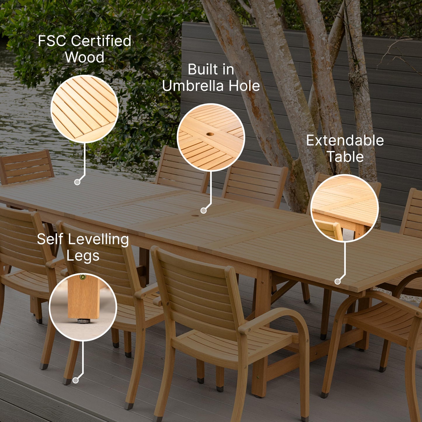 Amazonia Jefferson 11-Piece Patio Extendable Dining Table Set | Teak Finish & Light Grey Wicker Chairs with Cushion | Ideal for Outdoors and Indoors