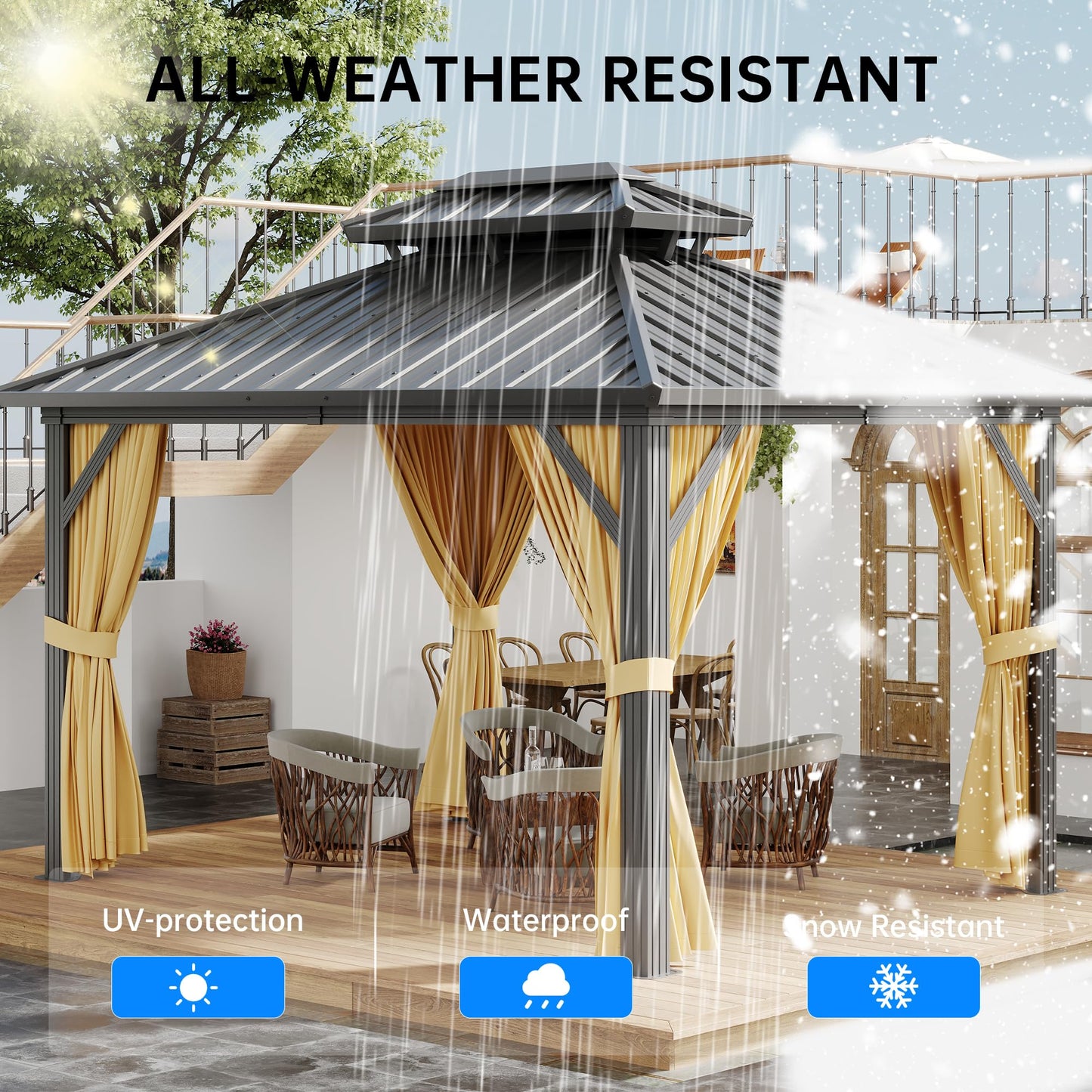 10x12FT Hardtop Gazebo, Heavy-Duty Aluminum Frame Canopy with Galvanized Steel Double Roof, Outdoor Pergola with Mosquito Netting & Waterproof Curtains for Patio, Backyard, Deck & Lawn