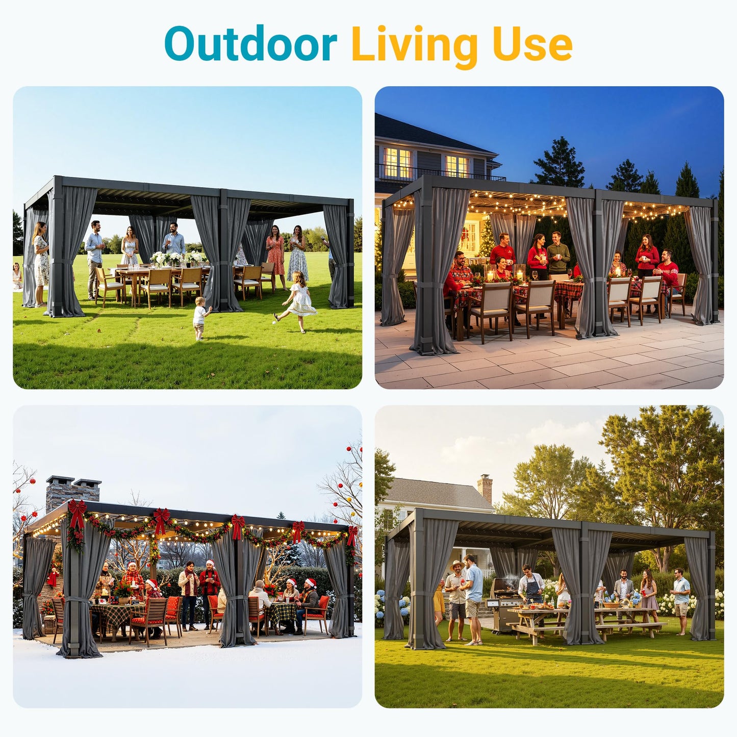 12' x 20' Louvered Pergola, Outdoor Pergola with Curtains & Netting, Metal Patio Pergola with Adjustable Louvers Roof and Gutter System, Metal Hardtop Gazebo for Patio, Deck, Garden, Yard, Dark Gray