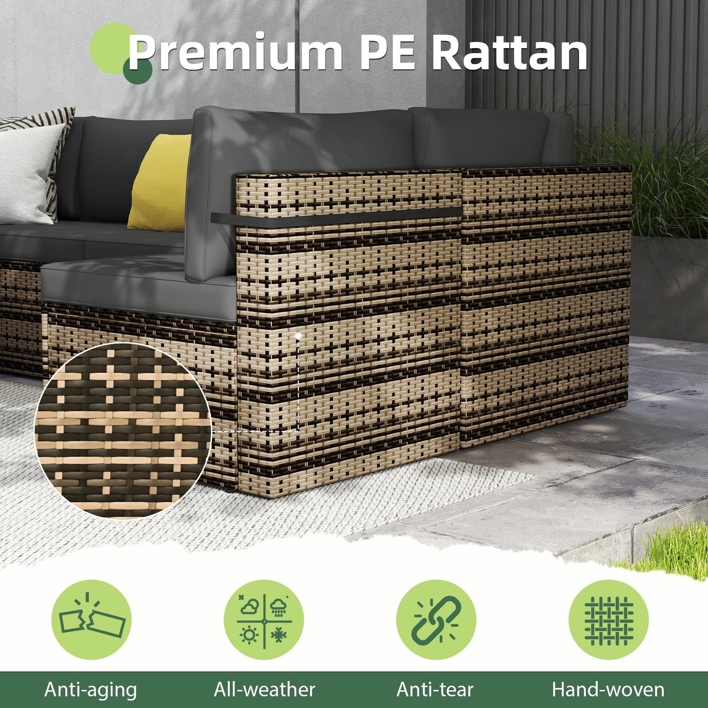 PATIOPIA 7-Piece Outdoor Sectional Sofa Set, Weather-Resistant Patio Furniture Set with Washable Cushions and Coffee Table, Black Rattan Patio Conversation Set for Poolside, Backyard, Deck (Beige)