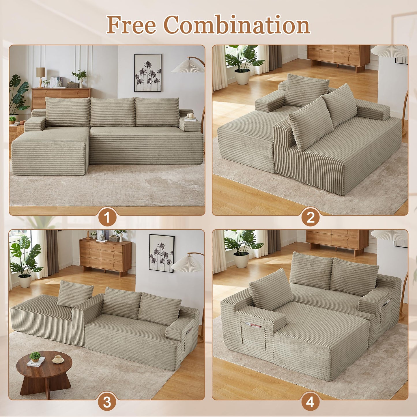 96" L Shaped Cloud Sectional Couch with Chaise, Deep Seat Modular Sectional Sofa Corduroy Memory Foam Sofa Boneless Couches for Living Room Bedroom, No Assembly Required