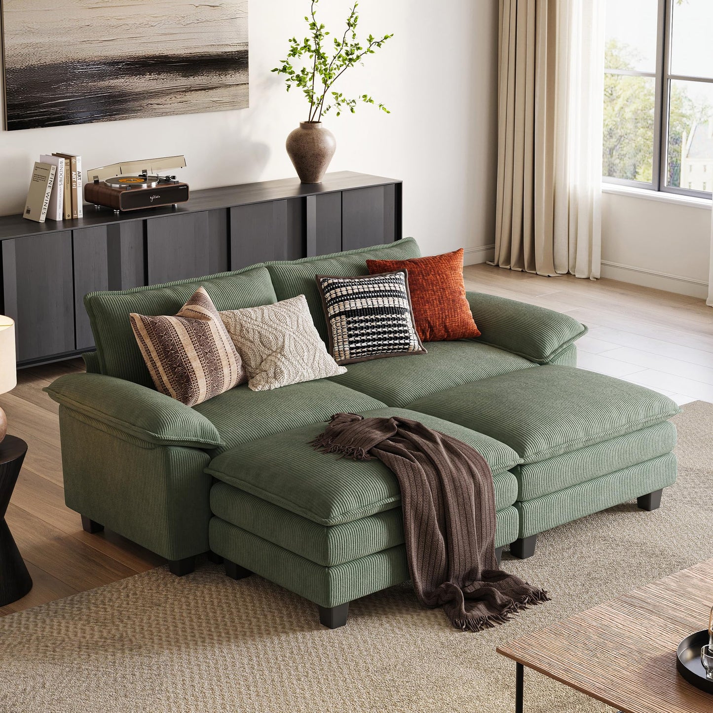 LINSY HOME Modular Sectional Sofa - Oversized Corduroy Cloud Couch with Movable Ottoman Soft Modern Comfy Sofa Set for Living Room Apartment Office, Green