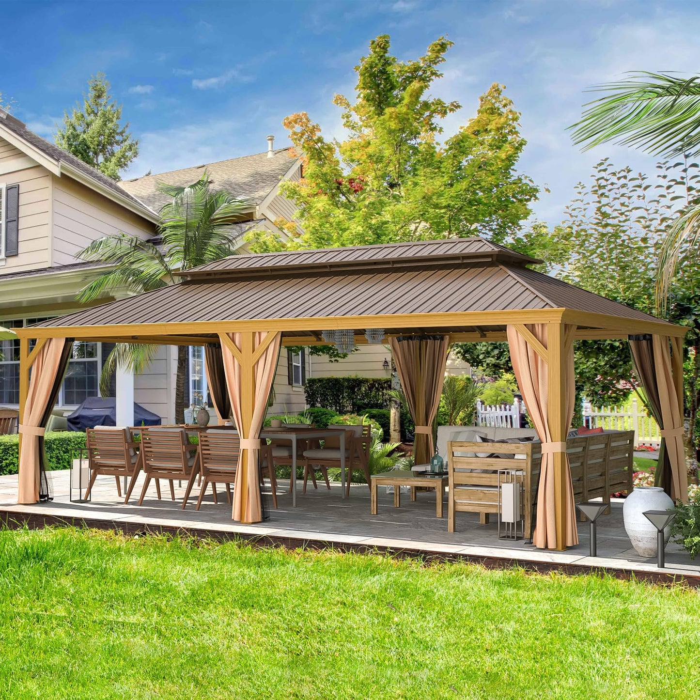 EROMMY 14'x24' Hardtop Gazebo, Galvanized Steel Double Roof with Wood-Looking Aluminum Frame, Outdoor Permanent Metal Pavilion with Curtains and Nettings for Patio, Backyard and Deck
