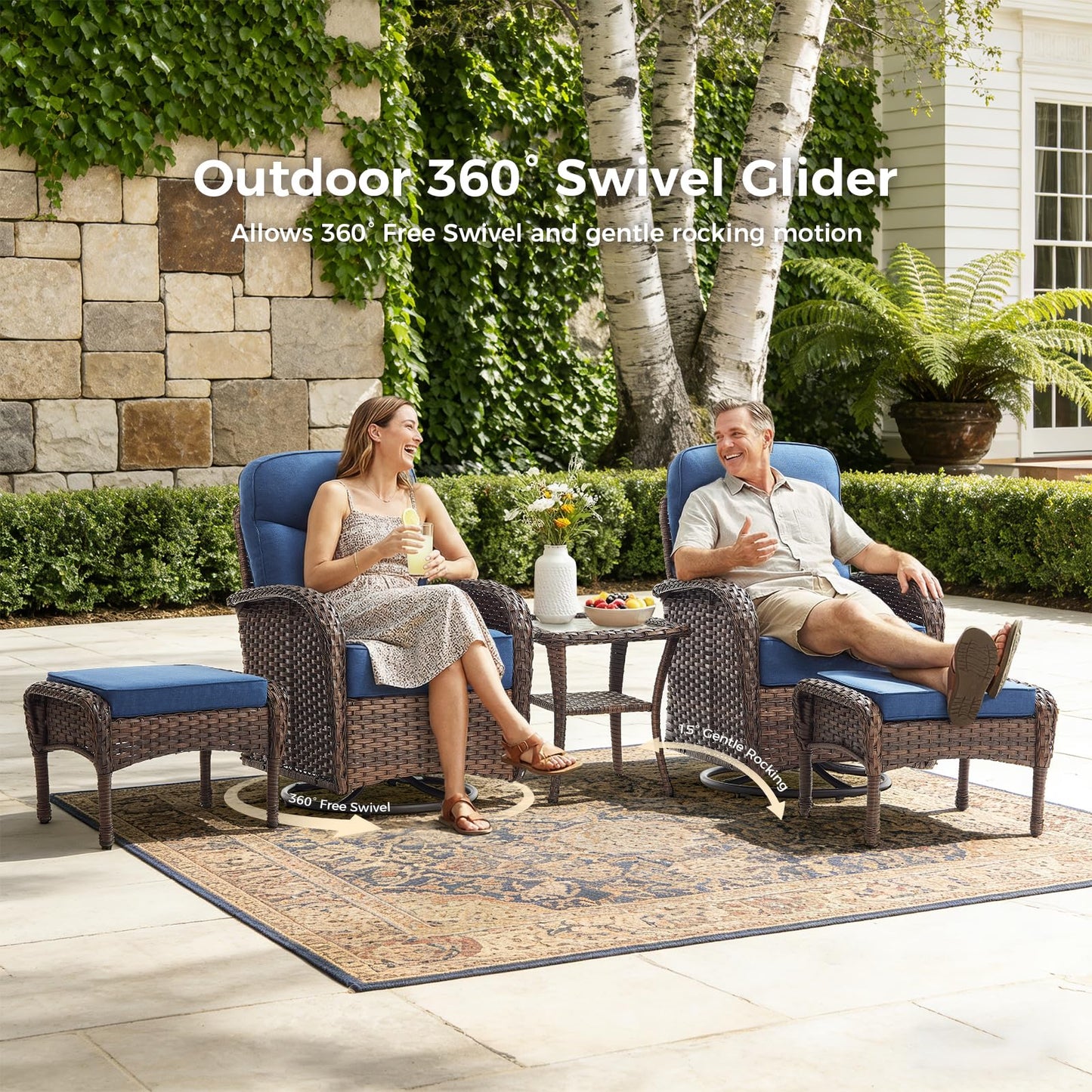 Luxury Outdoor Swivel Rocker Patio Chairs with 6-Inch Thick Cushions, High Back Swivel Glider Patio Chairs, 3PCS Wicker Outdoor Furniture Set for Porch, Patio, Yard, Deck, Poolside, Brown/Blue
