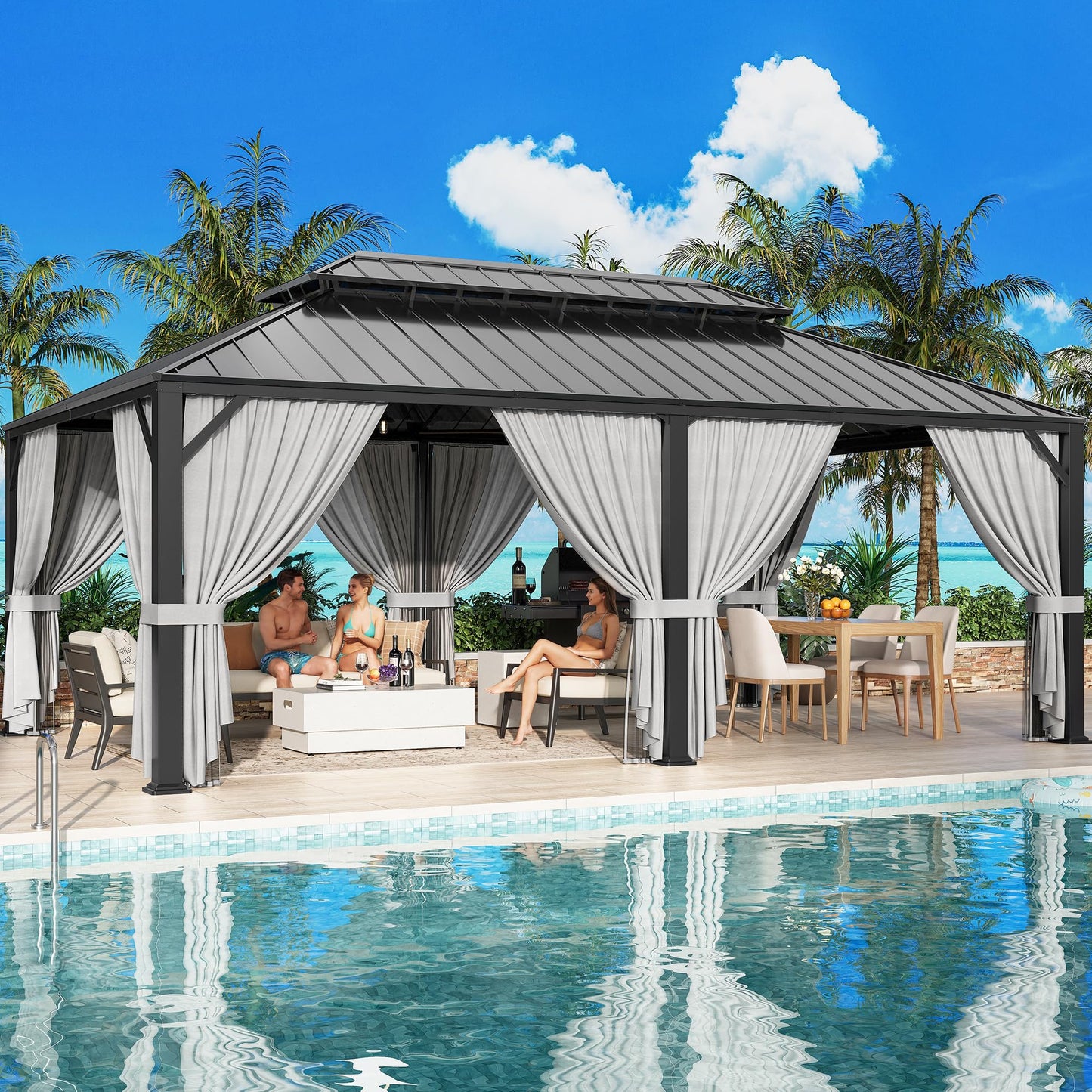 IRONCK 20'x12' Hardtop Gazebo, Update Aluminum Frame Gazebo with Galvanized Steel Double Roof, Outdoor Pergola with Curtain and Net, Backyard Canopy for Garden, Deck, Gray and Black
