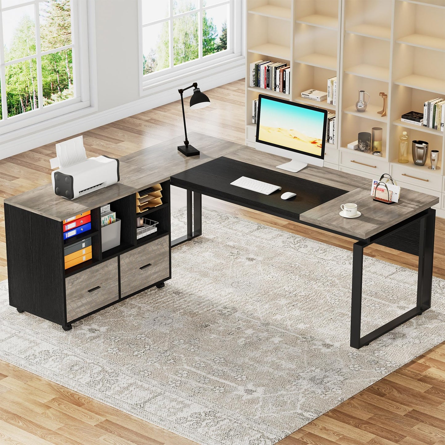 Tribesigns L-Shaped Executive Desk with Reversible File Cabinet, 63" Office Desk with Storage Drawers, L-Shaped Computer Desk with Drawer Cabinet for Hanging Letter Size Files (Gray & Black)