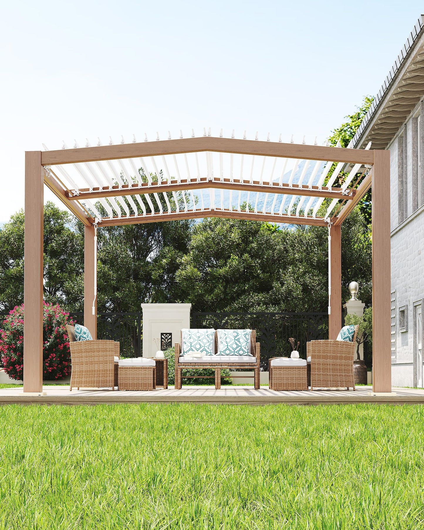 GarveeLife Louvered Pergola 11 ft x 13 ft, Outdoor Pergola with Adjustable Louvered Roof, Reinforced Aluminum Frame, Integrated Drainage System, Hardtop Gazebo for Patio, Deck, Wood Grain