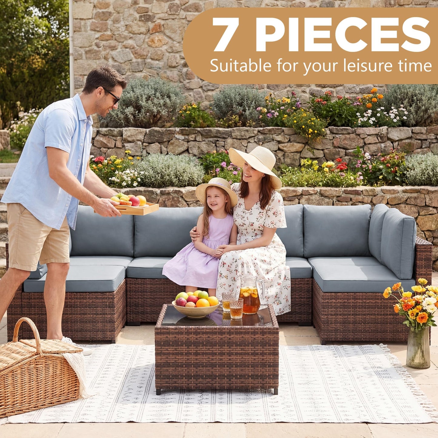 LHBcraft 7 Pieces Outdoor Wicker Rattan Patio Furniture with Rain Cover, Wicker Rattan Outdoor Sectional Sofa Set with Coffee Table & Blue Cushions for Garden, Poolside