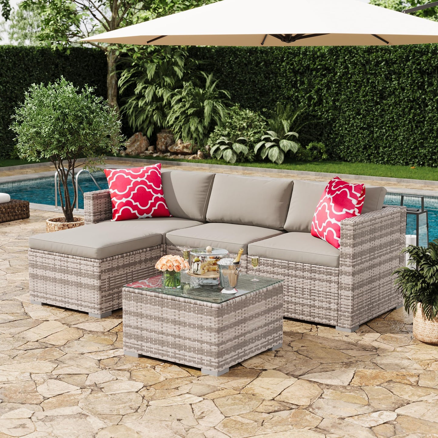 GAOMON 5-Piece All-Weather Patio Furniture Set, Convertible Outdoor Sectional Sofa with Ottoman & Tempered Glass Table, PE Rattan Conversation Set for Garden, Backyard, Porch, Poolside