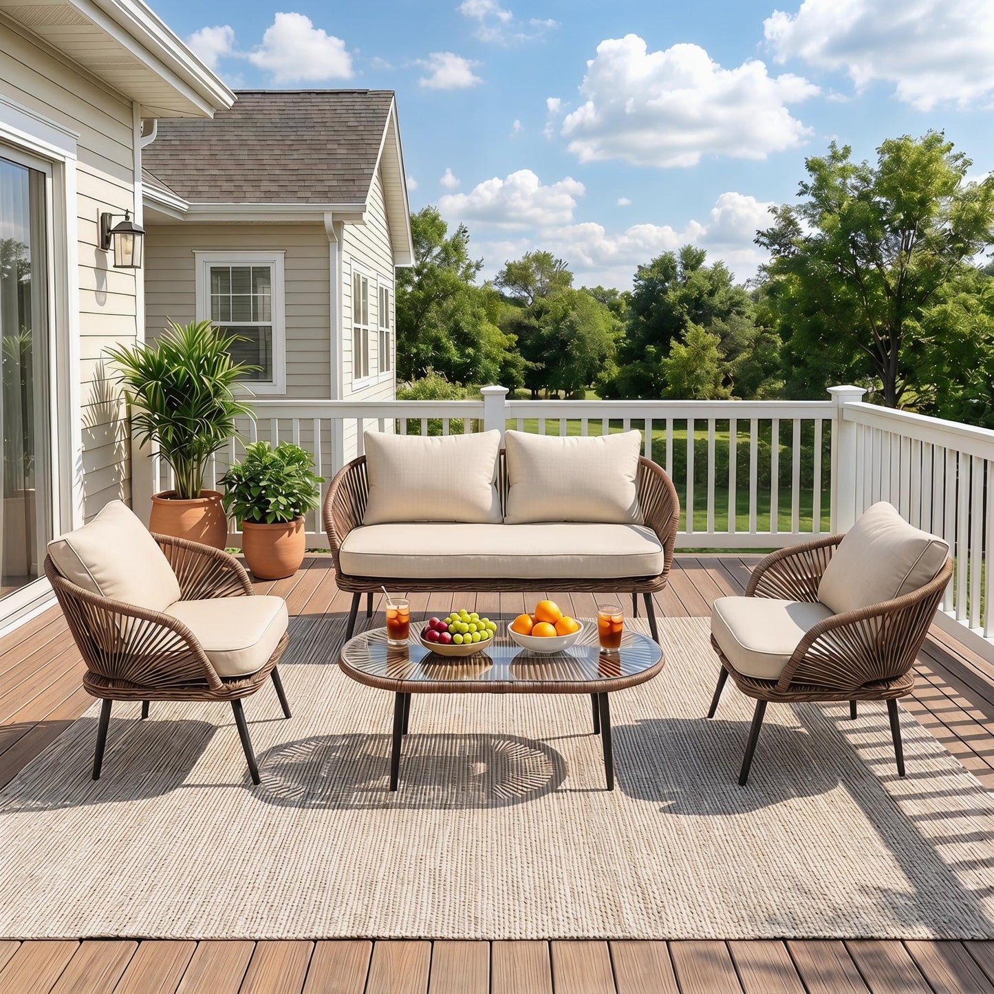 LITTLE TREE Wicker Patio Furniture Set with Coffee Table, 4 Piece Patio Sectional Furniture Set with Removable Cushions, Outdoor Conversation Set for Backyard, Garden, Porch, Balcony, Easy Assembly