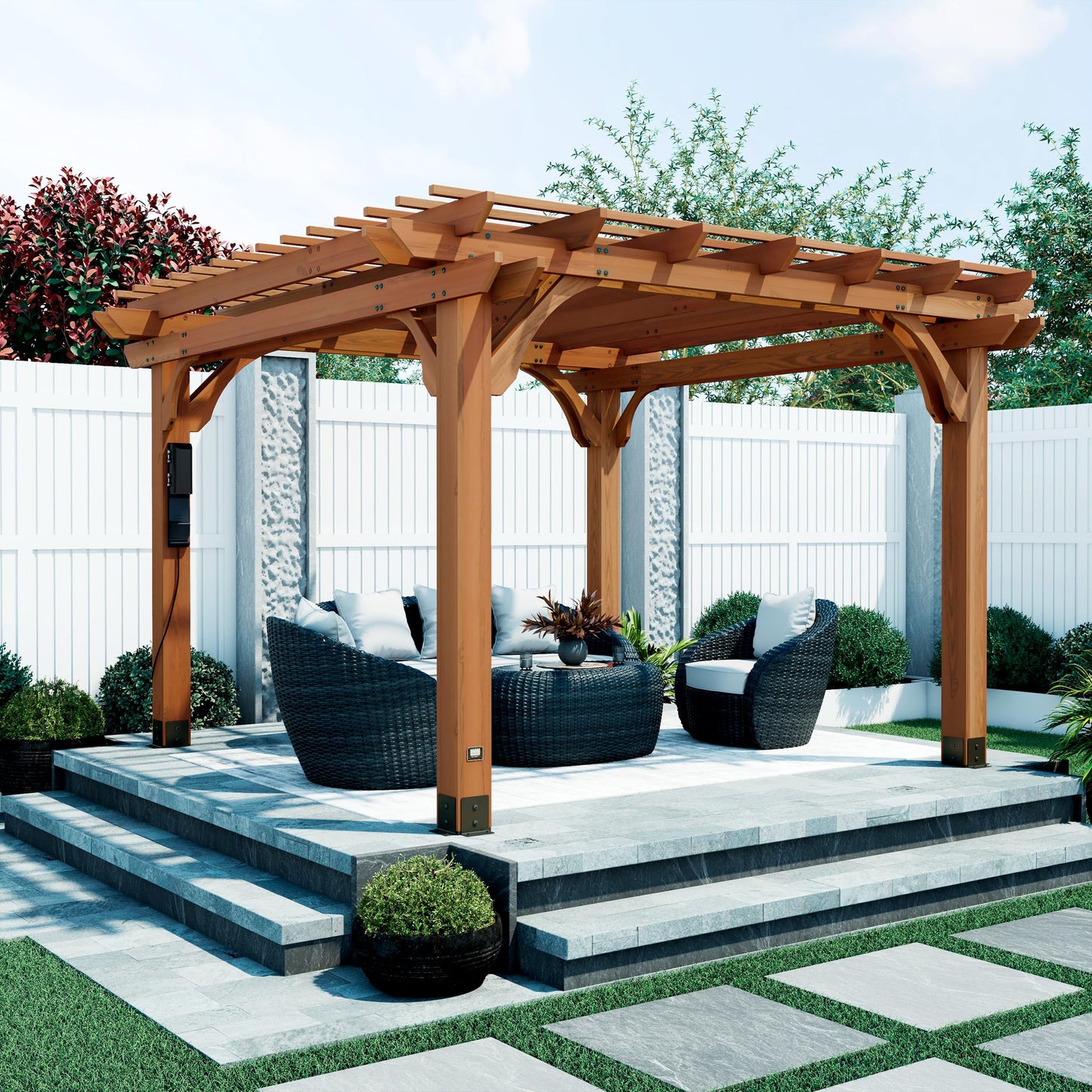 Backyard Discovery Beaumont 12' x 12' Traditional Cedar Wood Pergola Kit with Trellis Roof, All-Season Durability, High-Wind Rating, PowerPort, Shade for Outdoor Patio, Deck, Garden, and Entertaining