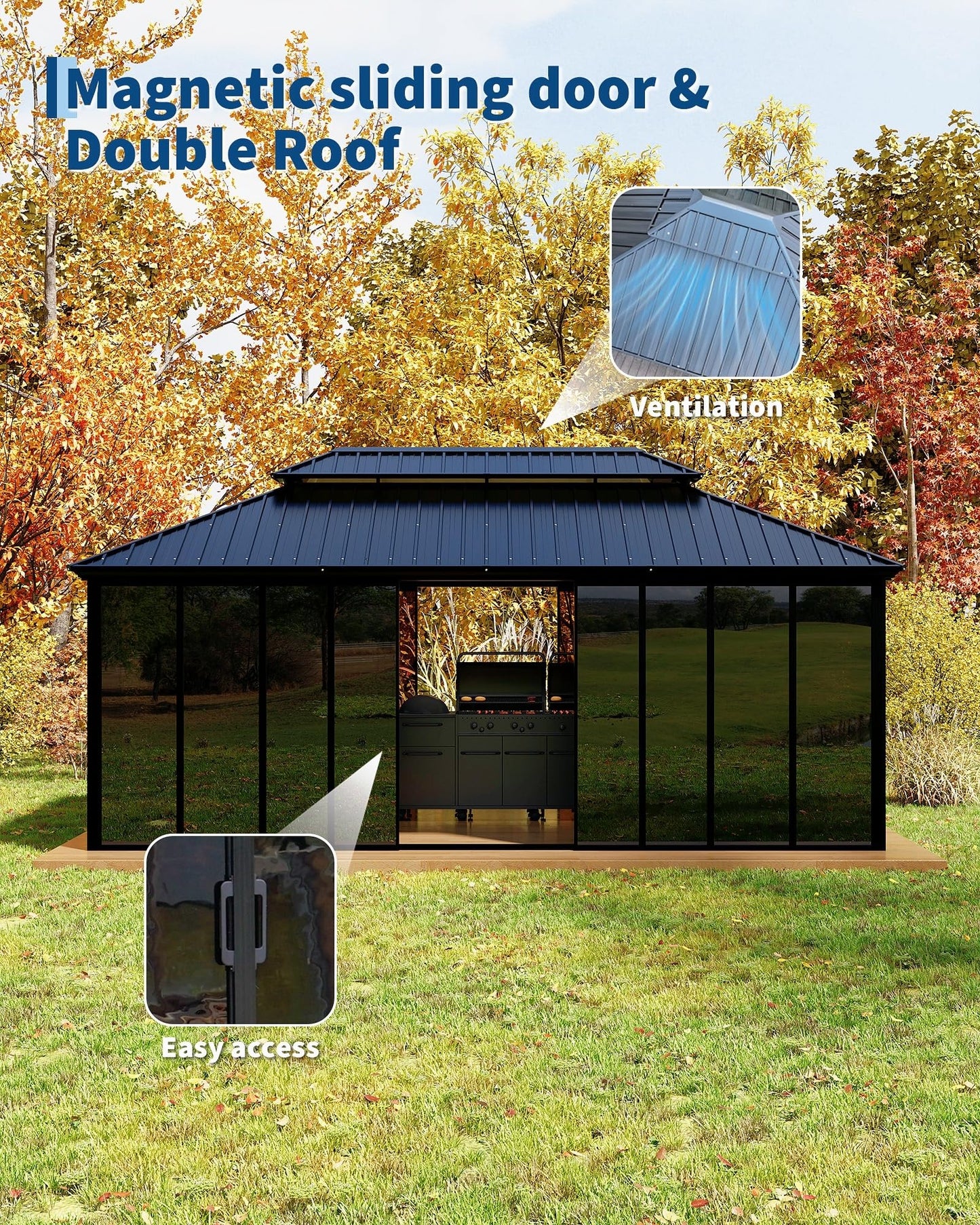 GarveeLife 12x20 ft Sunroom Hardtop Gazebo, Enclosed Gazebo with Floor-to-Ceiling Sliding Doors, All-Aluminum Alloy Frame, Screen Outdoor Room Solarium for Backyard, Patio, and Deck