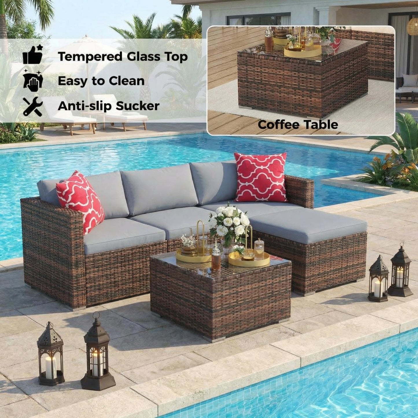 GarveeTech 5 Pieces Patio Furniture Set, All Weather Wicker Rattan Sectional Sofa,Outdoor Patio Furniture Set with Washable Cushions for Garden, Backyard, Porch, Poolside (Brown&Grey) ﻿